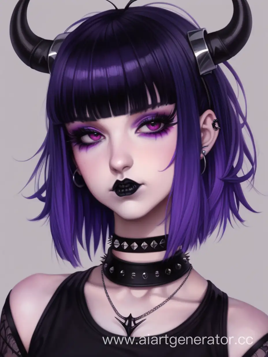 Alt girl, black and purple short goth hair with bangs, black goth girl outfit, spike choker, skinny body, horns 
