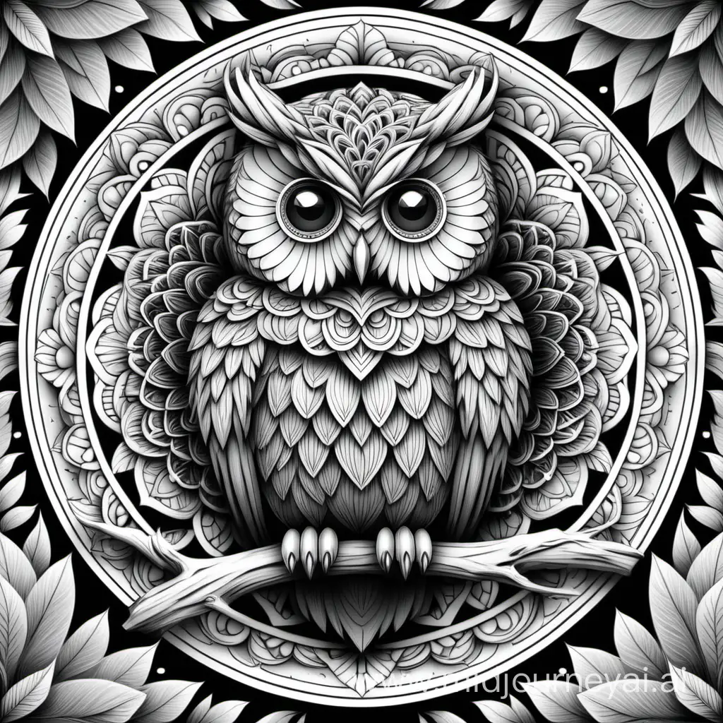 High Definition Mandala Owl Coloring Page Detailed 8K Black and White Background