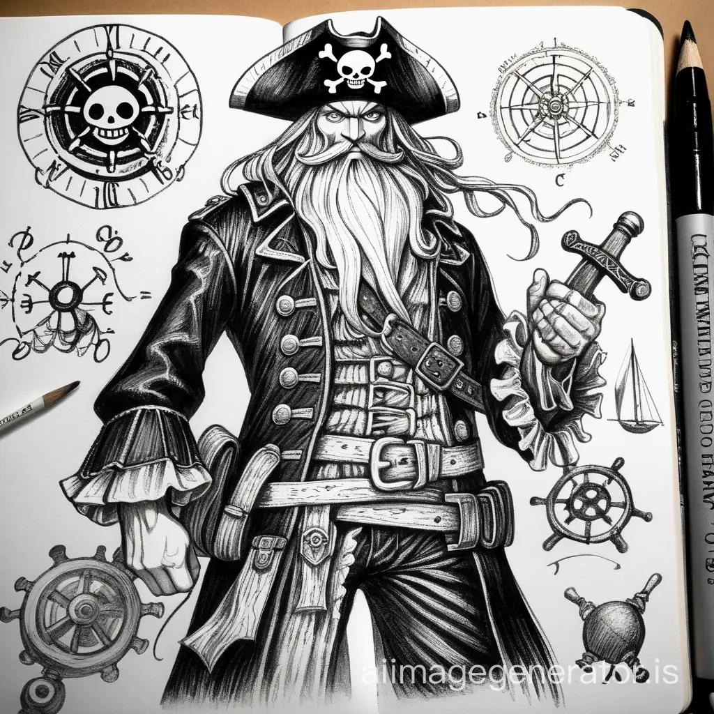 Sketchbook Style, Sketch book, hand drawn, dark, gritty, realistic sketch, Rough sketch, mix of bold dark lines and loose lines, bold lines, on paper, turnaround character sheet, anime one piece, white beard the pirate, paint splash, full body, arcane symbols, runes, pirates theme, Perfect composition golden ratio, masterpiece, best quality, 4k, sharp focus. Better hand, perfect anatomy.