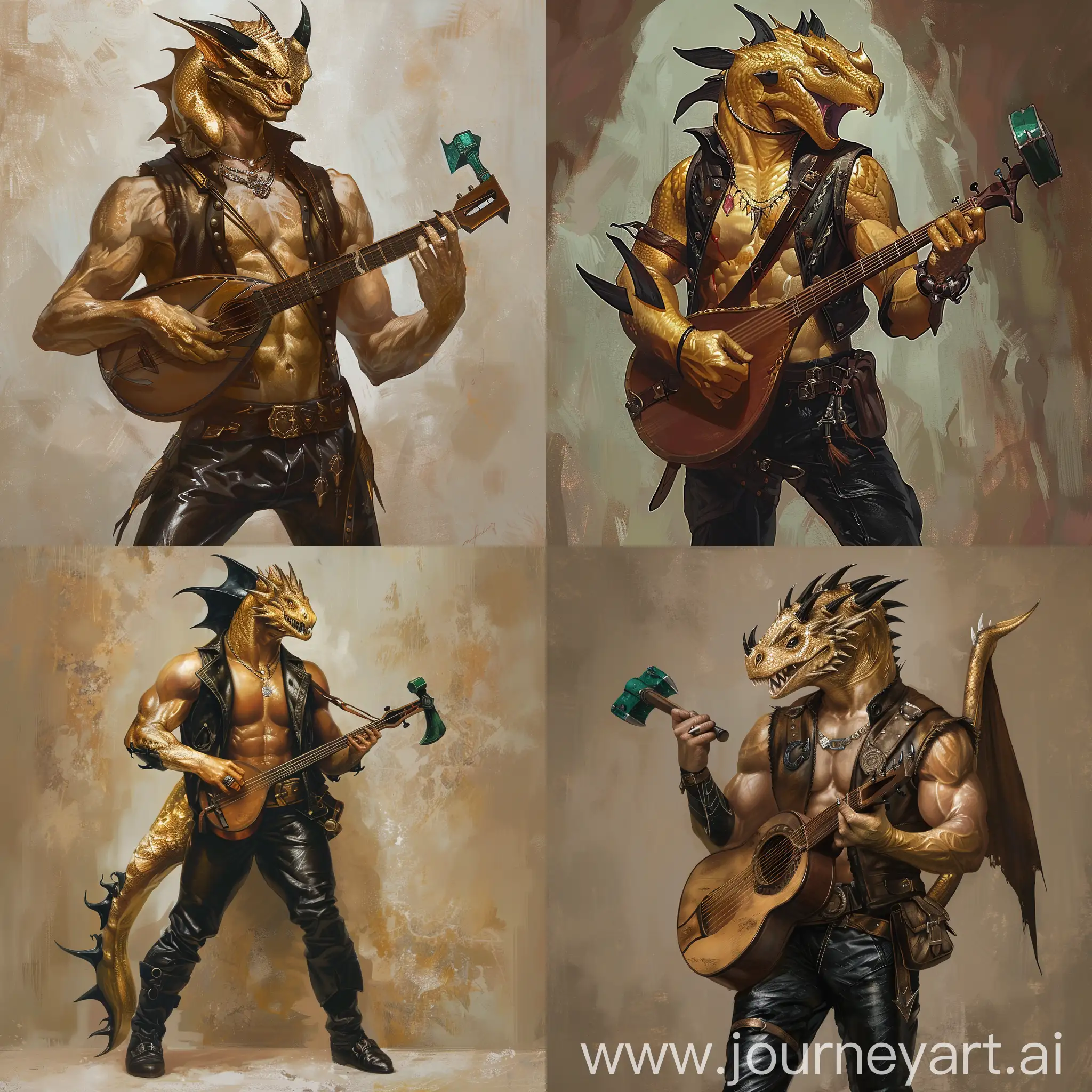 Muscular-Gold-Dragonborn-Playing-Lute-with-Emerald-Warhammer