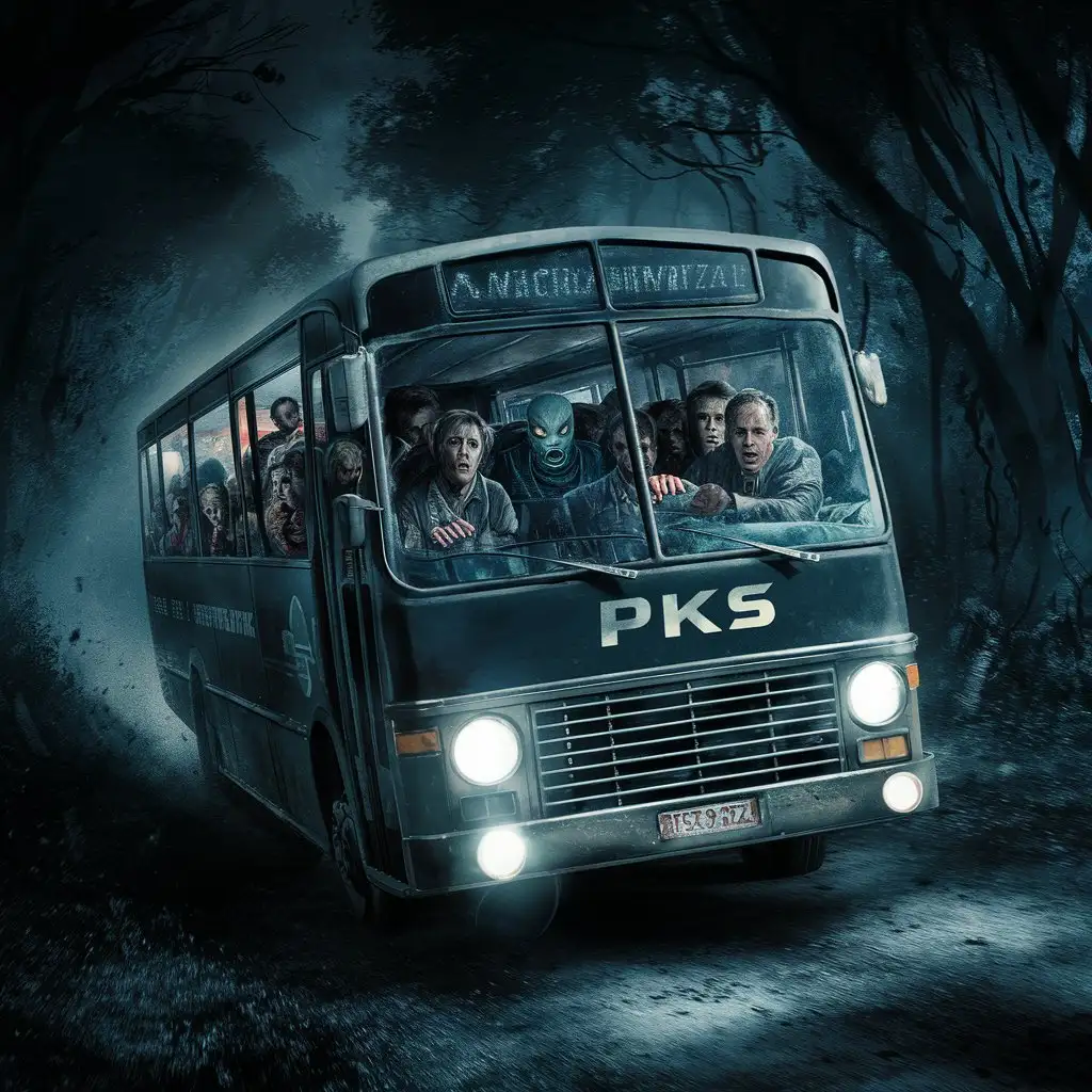 w środku polskiego autobusu PKS siedzą ludzie, wśród nich jeden obcy, autobus jedzie przez ciemny las, atmosfera grozy 