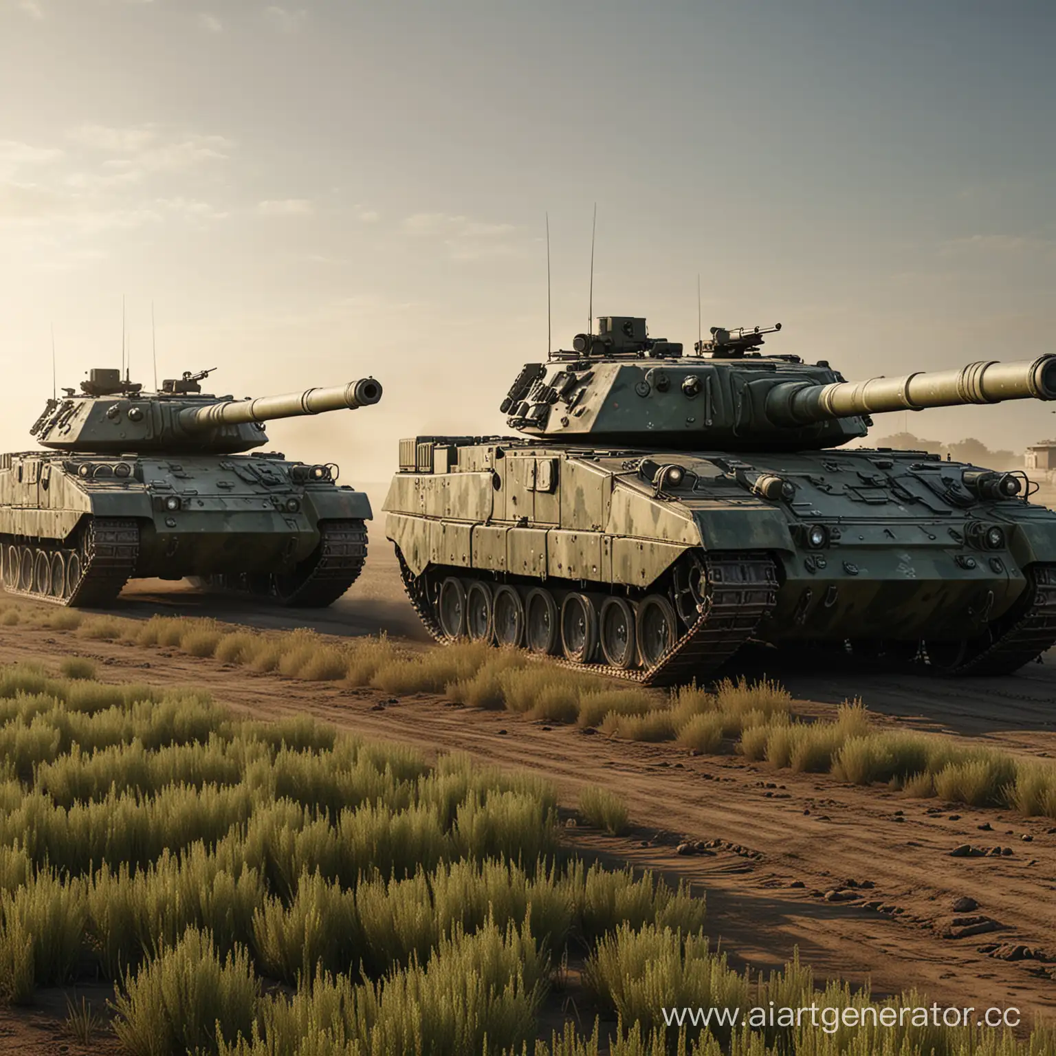 два современных танка с камуфляжем в движении по полю, HD, ультрареалистичный, эпический, вид сбоку, объемное освещение
