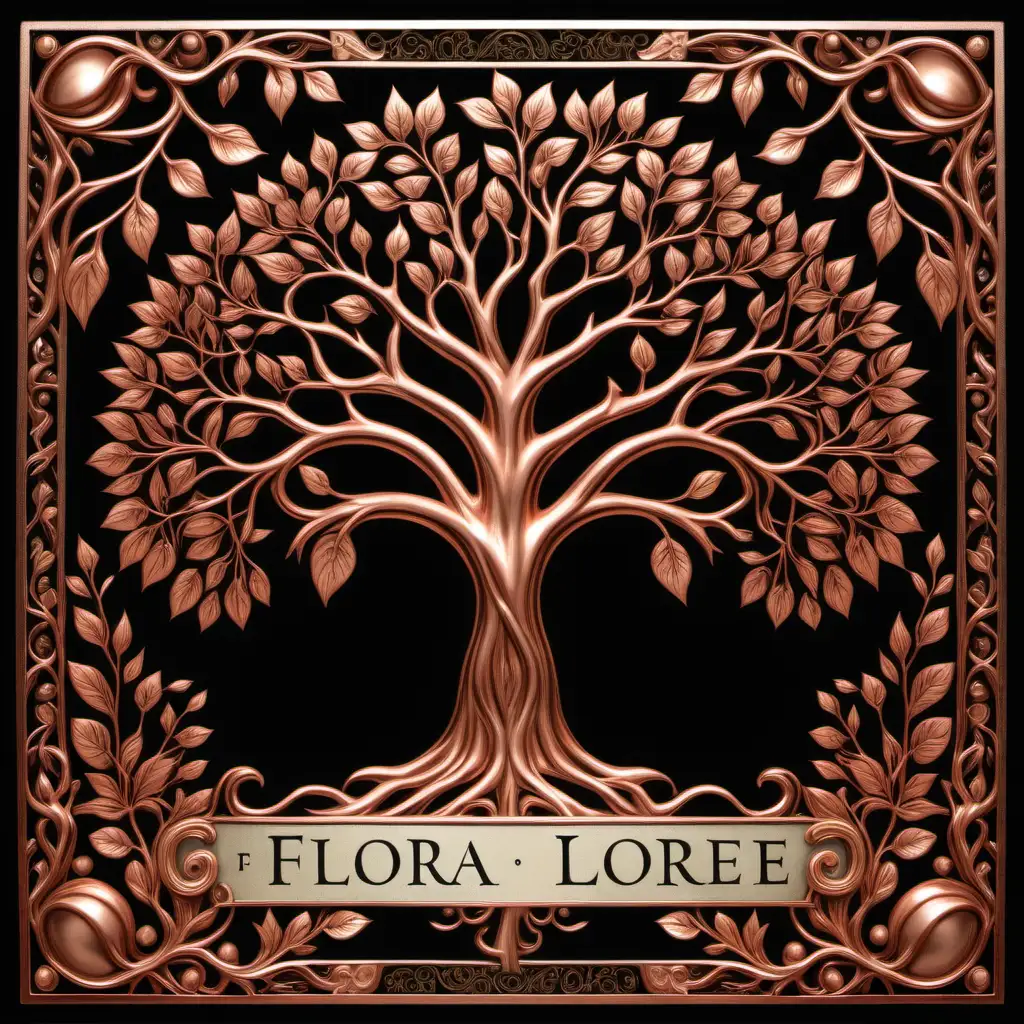A logo.  Write the words "Flora Lore".  A copper tree with Metallic leaves.  A double border with ornate decorations inside the border, ornate decorations outside the border creating an overall square shape.  black  background.