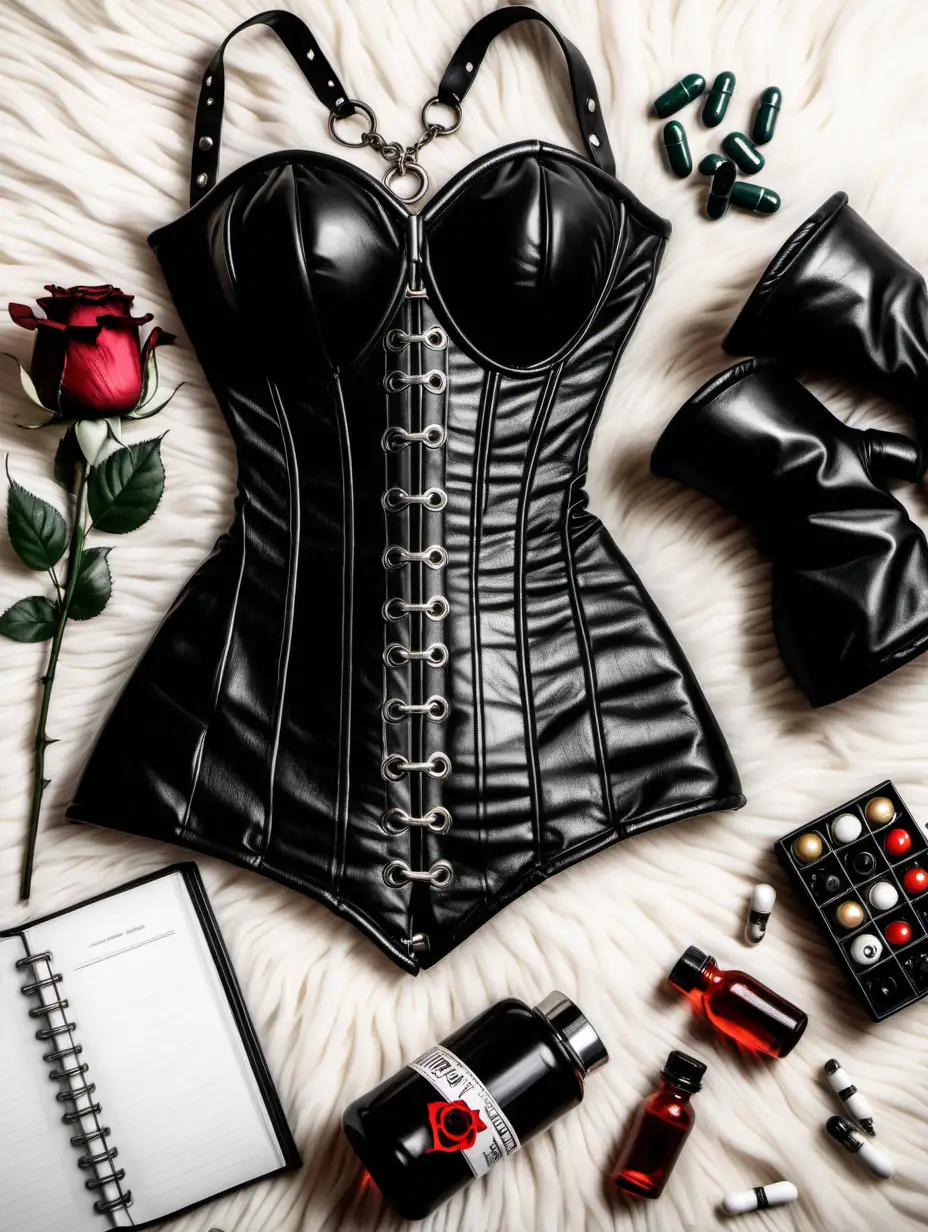 Do a flat lay on a shaggy rug. Black leather corset, roses, unbranded alcohol, pills, necklace with long pendant, diary, boxing gloves. 