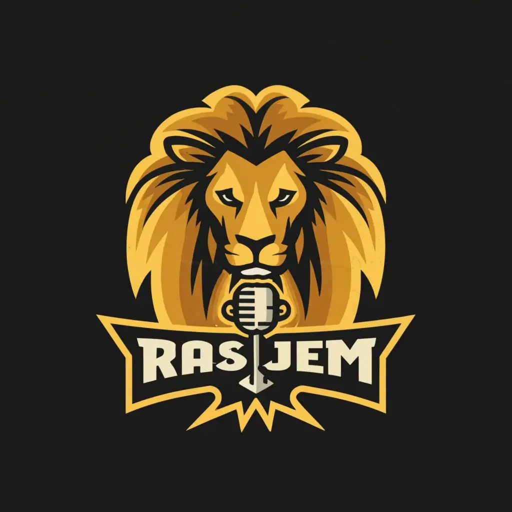 a logo design,with the text "Ras Jem", main symbol:Lion with Microphone and music symbol around the lion,Moderate,be used in Entertainment industry,clear background