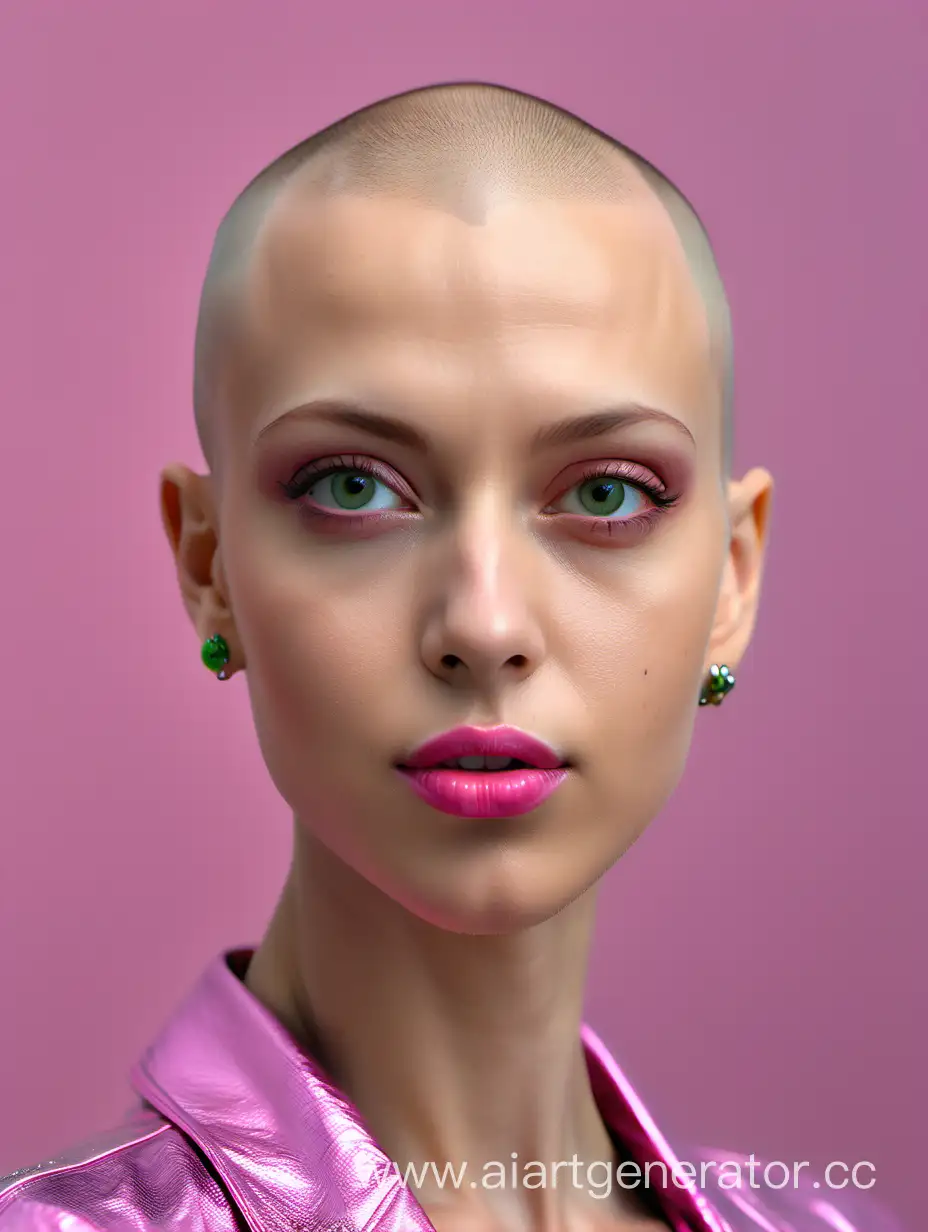Female portrait, full face photo, close up face, close shot, beautiful face, bold head, shaved head, no hair, green eyes, light skin, pink lips, detailed background, professional, ultra quality, 4k,(masterpiece, best quality, 8k, ultra highres, highres:1.4), extremely detailed