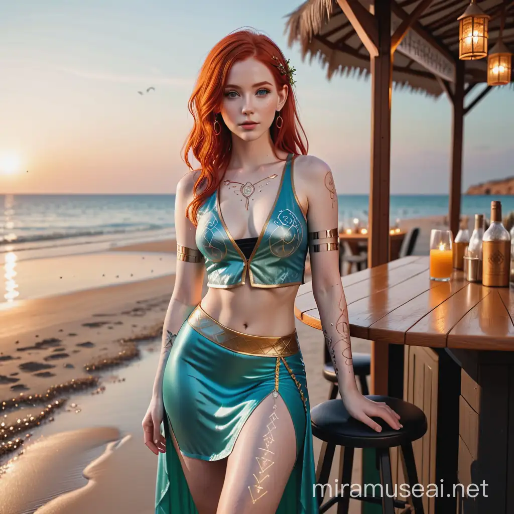 Elven Woman with Red Hair Adorned in Runes at Evening Beach Bar