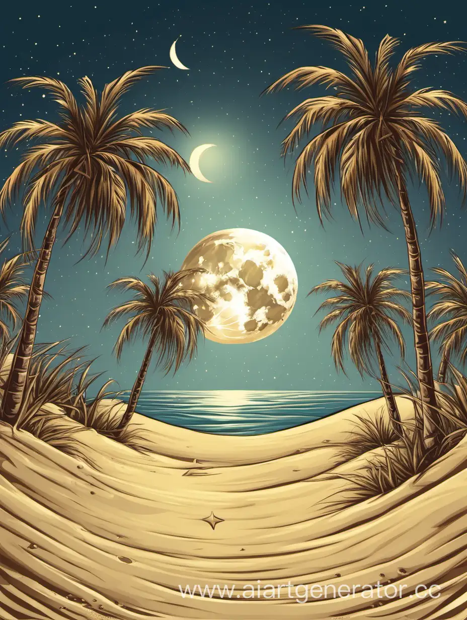 Фон, пальмы, луна, песок.
