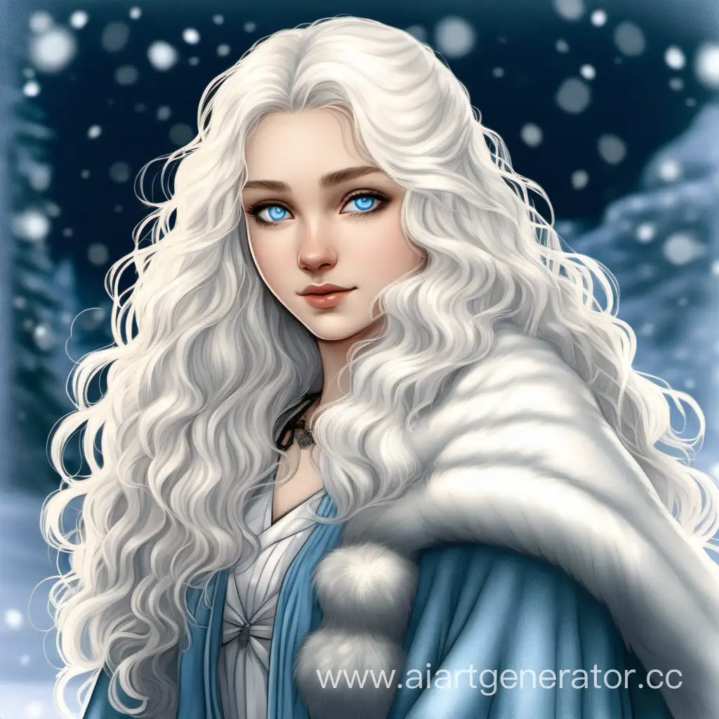 Девушка семнадцати лет с длинными волнистыми белого цвета волосами, большими светло голубыми глазами. Одета в зимнее платье с накидкой с мехом