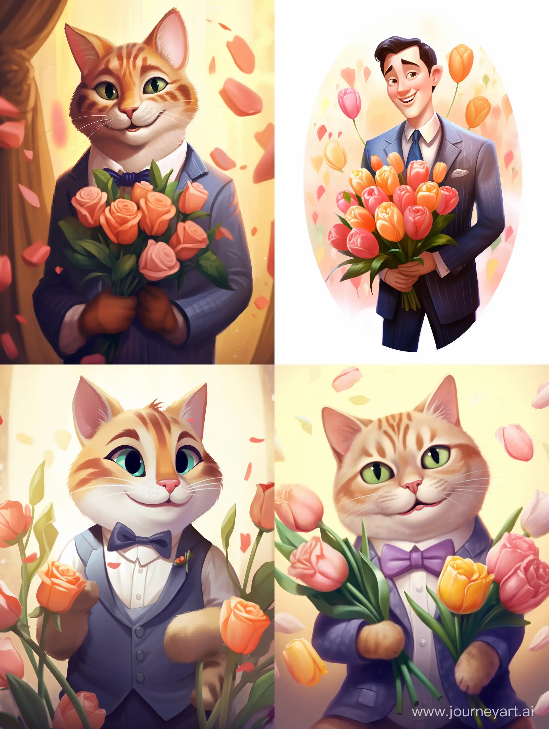A Pixar-styled cat smiling in a men's suit with a tie holds a large bouquet of tulips in its paws. Pastel delicate tones.





