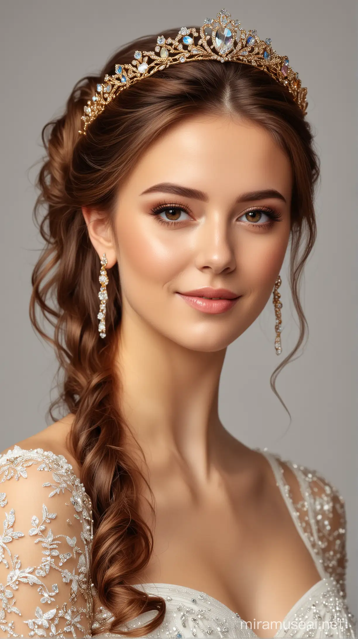 realistic portrait of a beautiful girl bride brown hair on her head wedding hairstyle with a tiara made of gold and shining beautiful multi-colored diamonds and photo