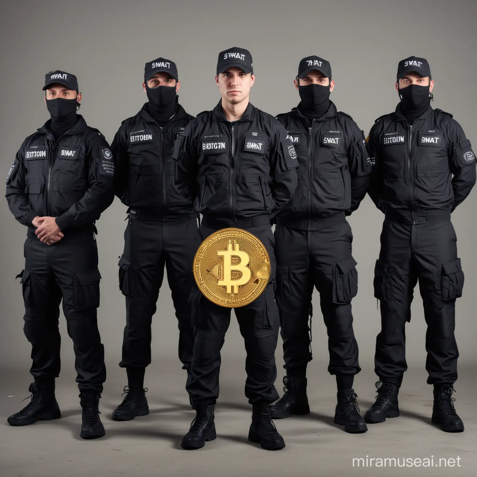 Elite SWAT Team of 6 with Tactical Gear and Bitcoin Symbols