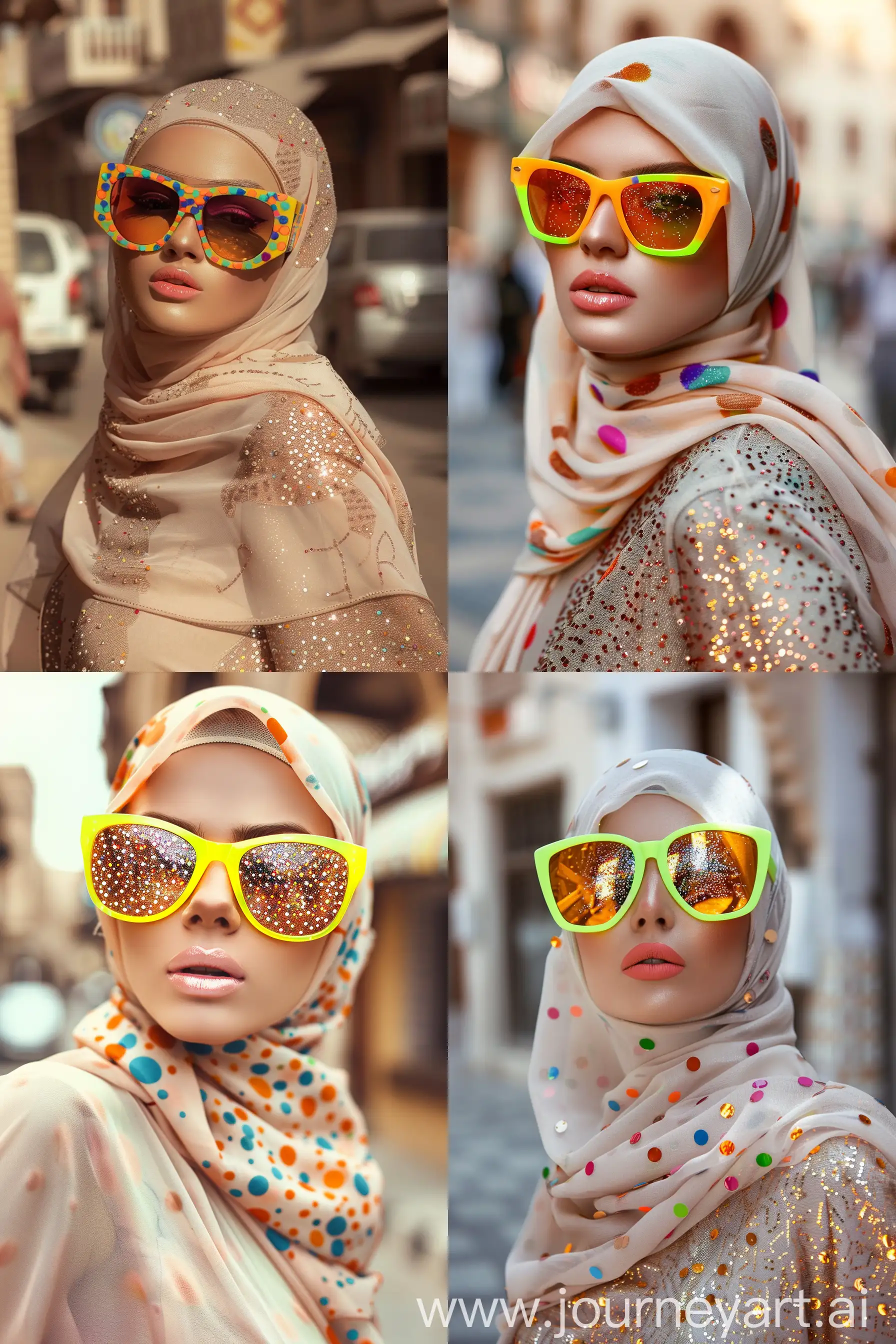 Realistic photo of a full figure of model with gorgeous bright neon  sunglasses, peachy shimmering lipstick, she's wearing hijab with colorful dots on it,she's walking in the Arabic streets, arabicr background --ar 2:3 --v 6.0