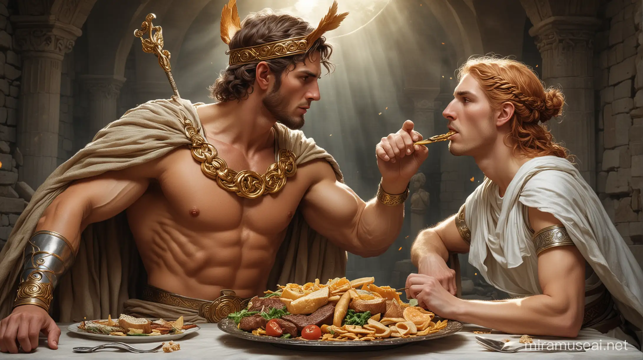  Hermes (Greek god) and Lugh (Celt god) eating together