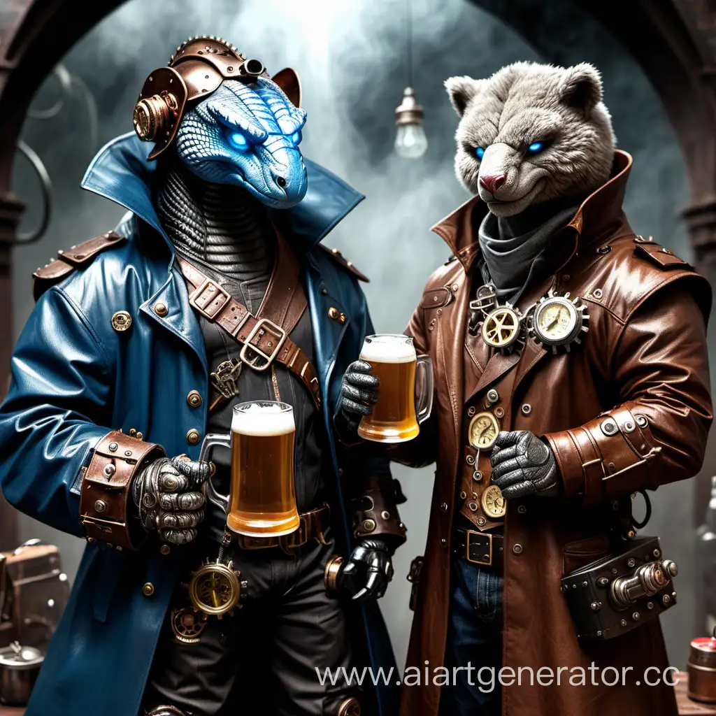 A blue-eyed cobra in demonic armor and a grey bear in a leather raincoat holds a mug of beer and reads a steampunk sermon book