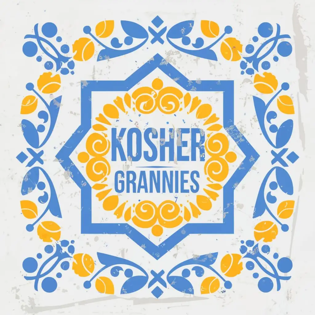 logo, Tile, mostly white empty,  star of david in centar, blue and yellow, with the text "Kosher Grannies", typography
