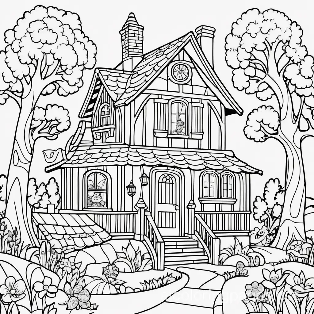 FANTASY  STORY BOOK COTTAGE  CLEAN  LINES NO BLACK FILLING  ,  SWIRLING  FOLK ART STYLE , FULL PICTURE  IN THE PAGE, Coloring Page, black and white, line art, white background, Simplicity, Ample White Space. The background of the coloring page is plain white to make it easy for young children to color within the lines. The outlines of all the subjects are easy to distinguish, making it simple for kids to color without too much difficulty