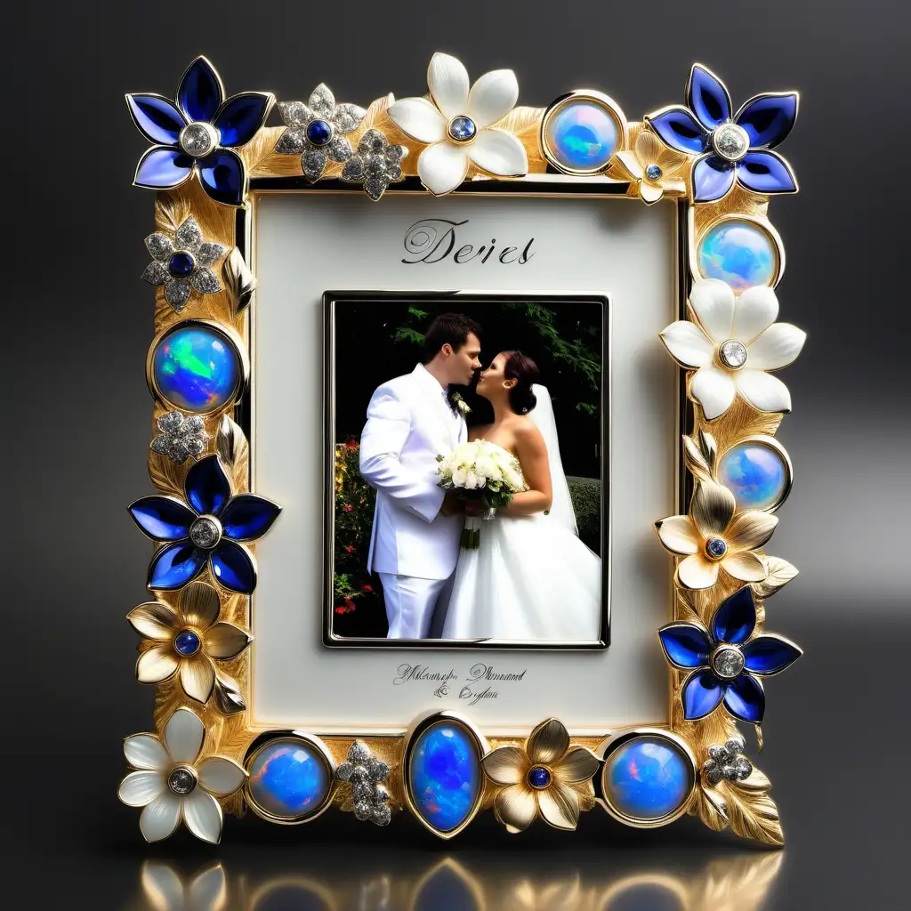 unique wedding picture frame, flowers, chrome, opal, diamond, gold, saphire
