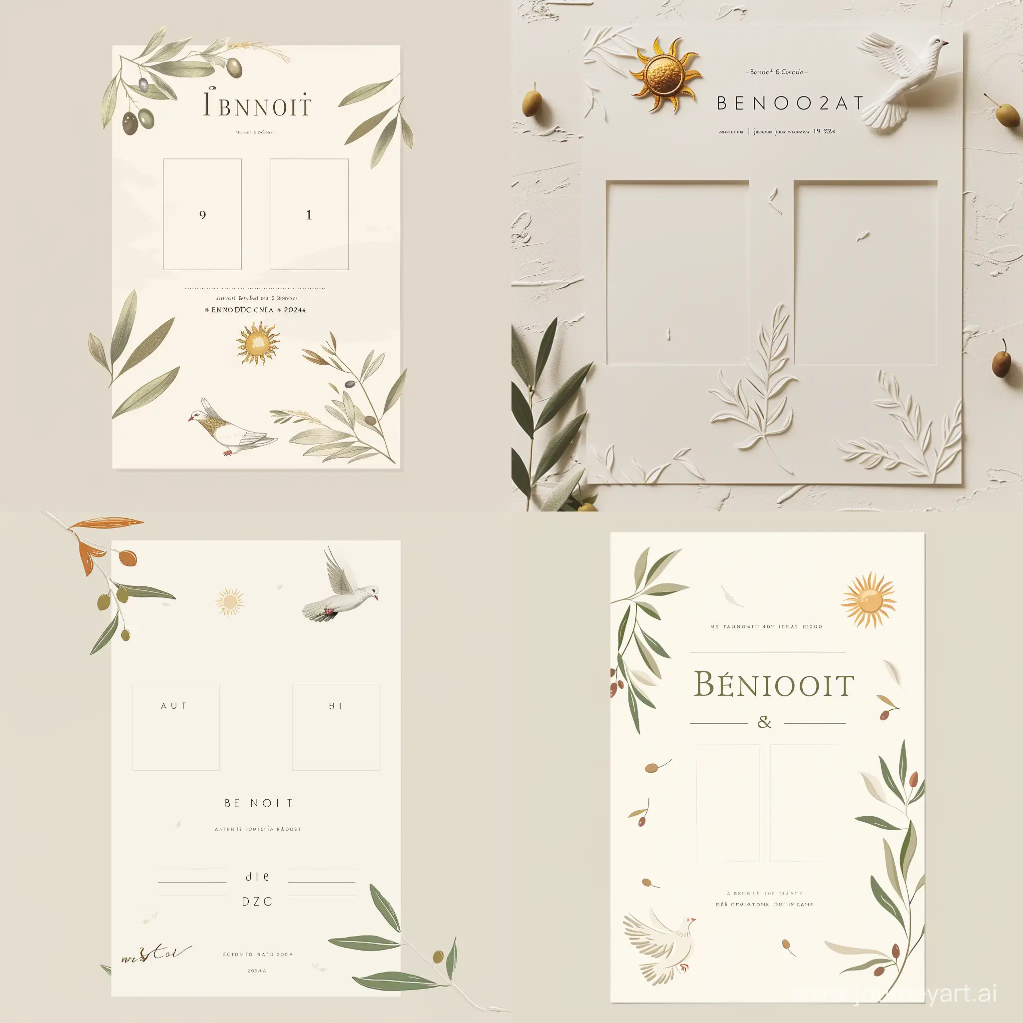 un carton d 'invitation de mariage de Benoît et Diego , le 19 Octobre 2024 à Ibiza , dans un style très simple , blanc  ,esprit Jean Cocteau , avec 2 vidages et une colombe , un soleil , des feuilles d'olivier 
