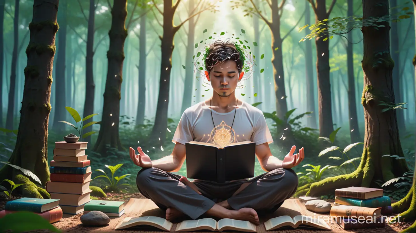 a man doing meditation, and computer and book mess around his head, forest backkround