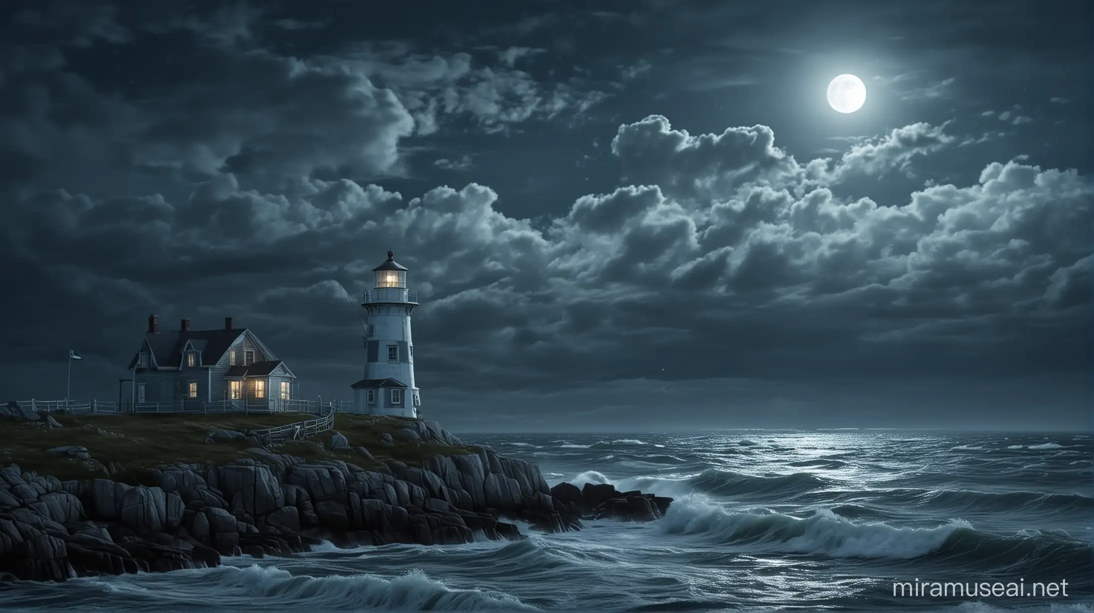 nova scotia shabby lighthouse at night with moon and storm clouds, cinamatic, realistic, blue shade
