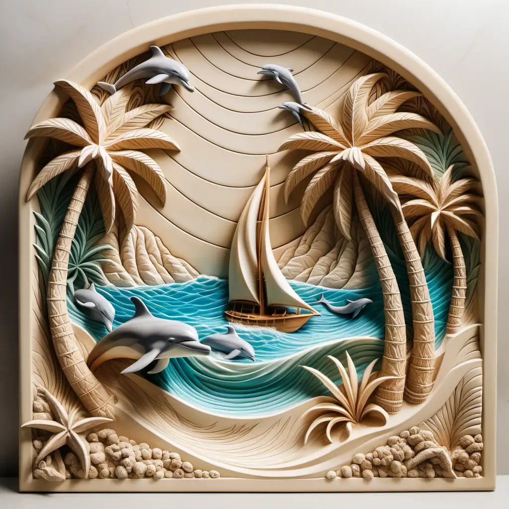 Bas-relief, tropical beach, with a sail boat, and dolphins 