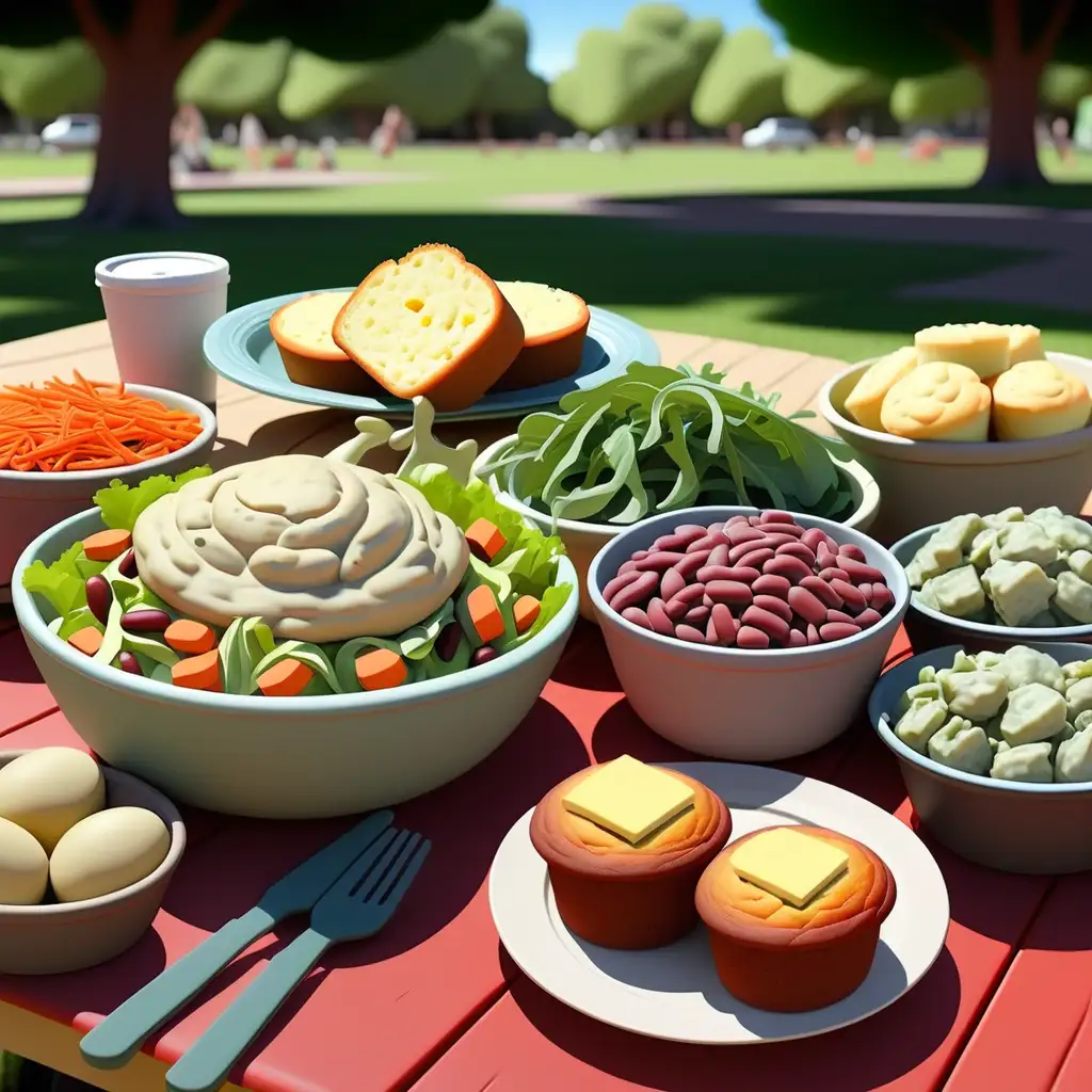 cartoon style salad, potato salad, cornbread muffins, greens, red beans, carrots on a table in the park  in new mexico