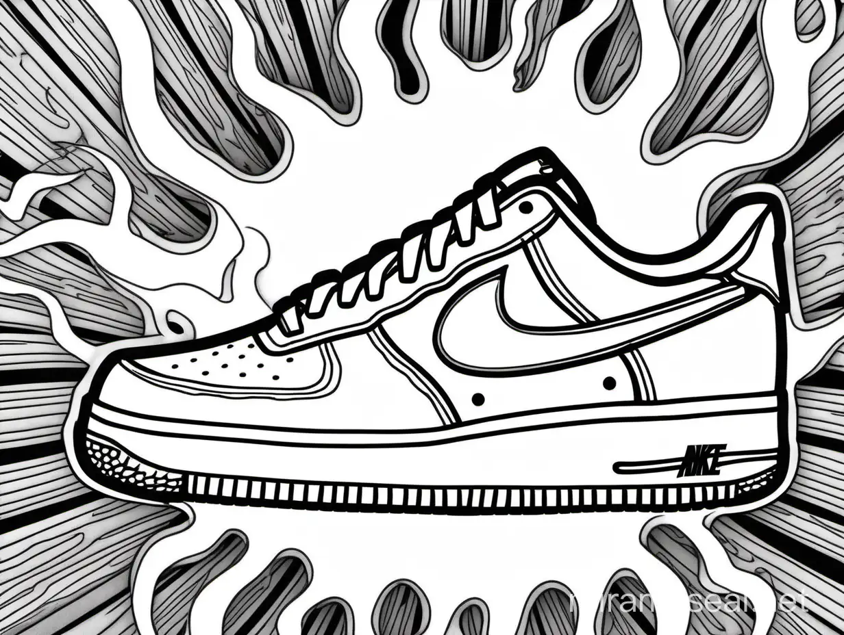 coloring sheet of nike "aire force 1" shoe, flames in background