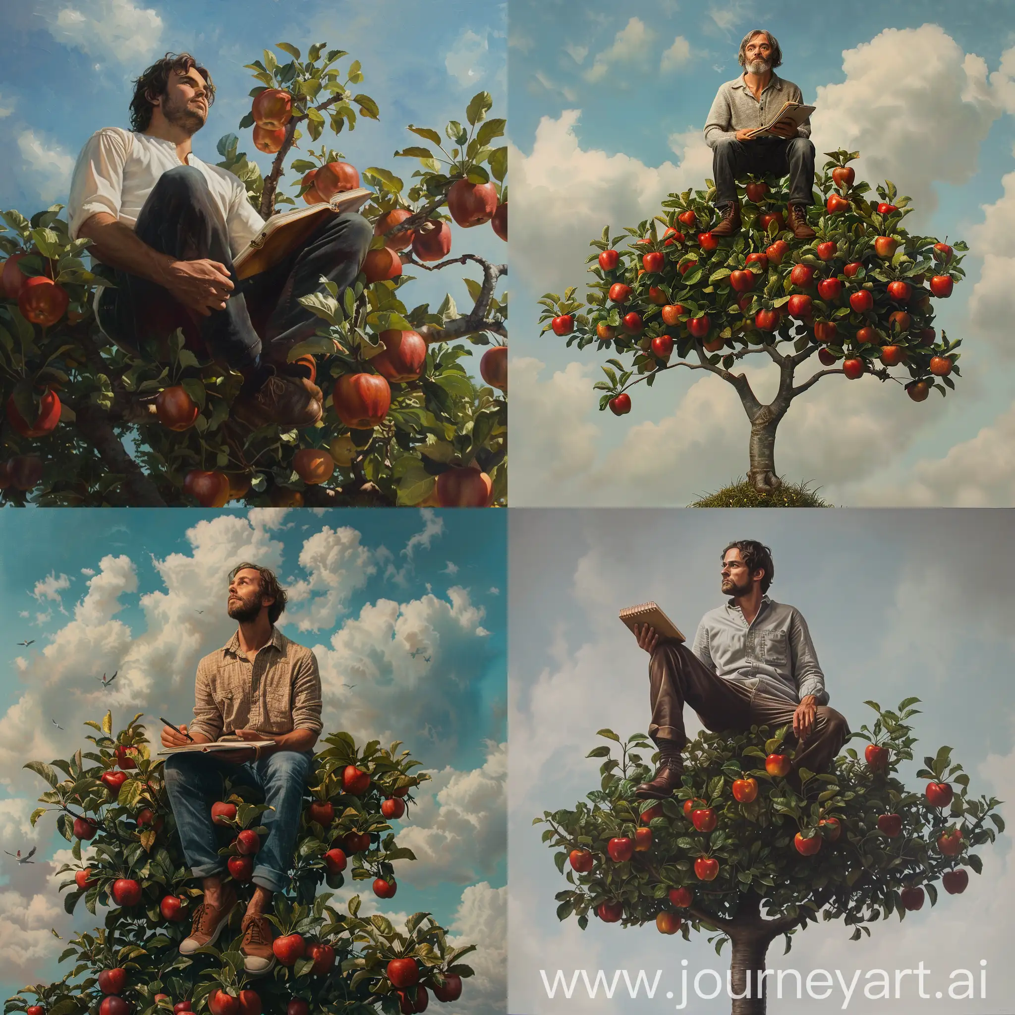 Newton sit above apple tree and notebook is his hand , hyper realistic 