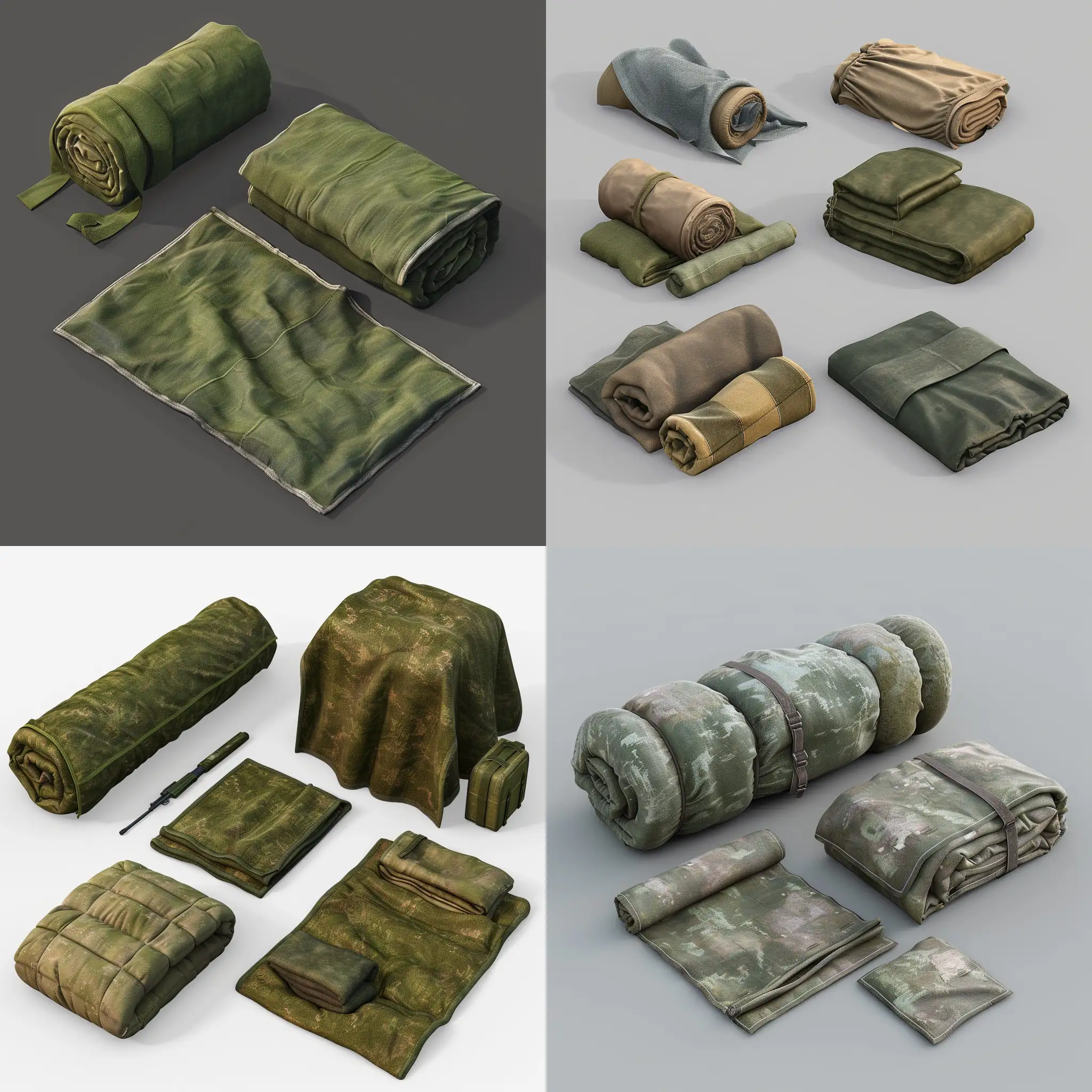 isometric set at right angle, realistic old soviet thick military blanket roll, isometric set, 3d render