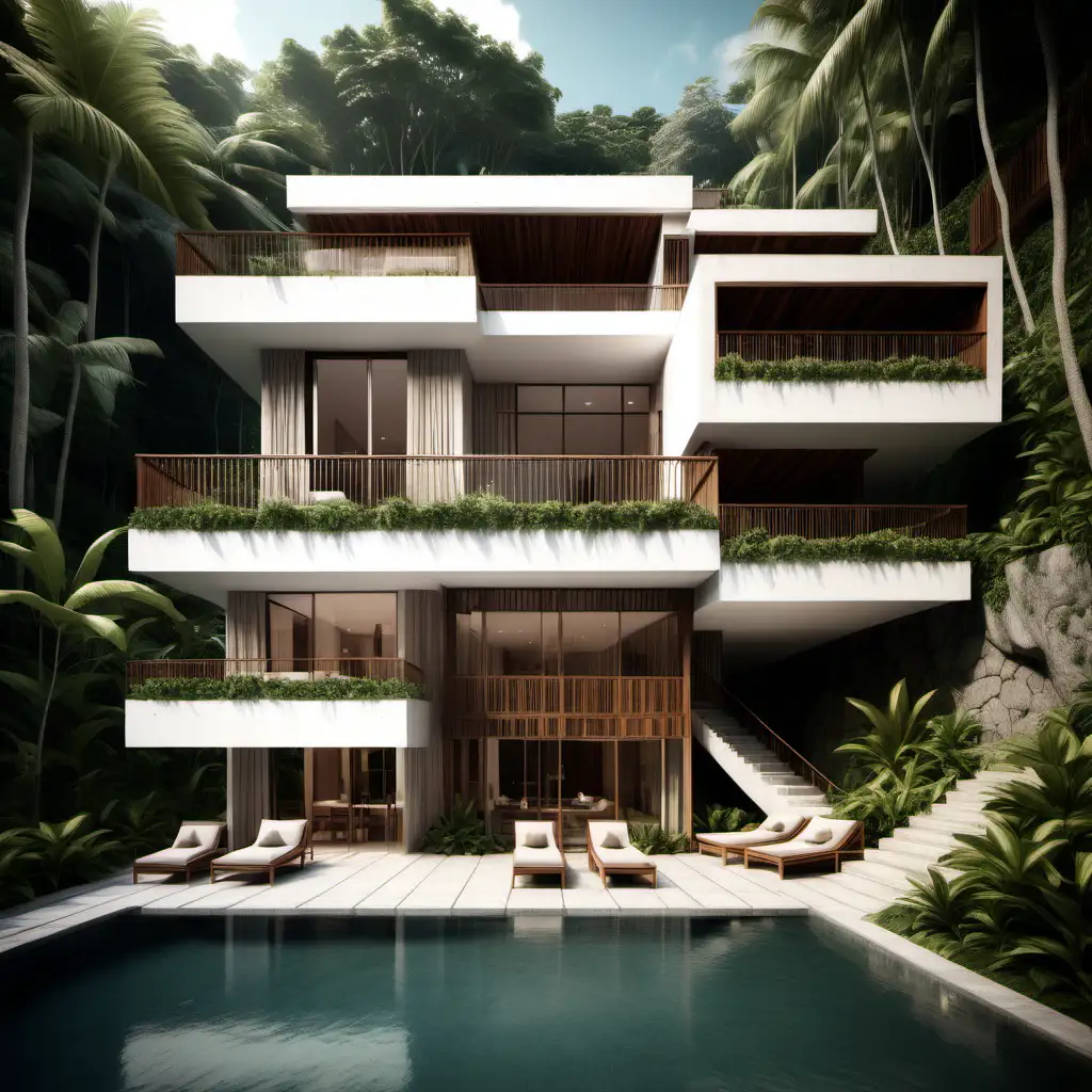 design a cascading three floor apartment on a slope in a tropical setting using modern neutral design with wood and stone elements. make sure each floor is cascading i.e. the top floor retreats back

