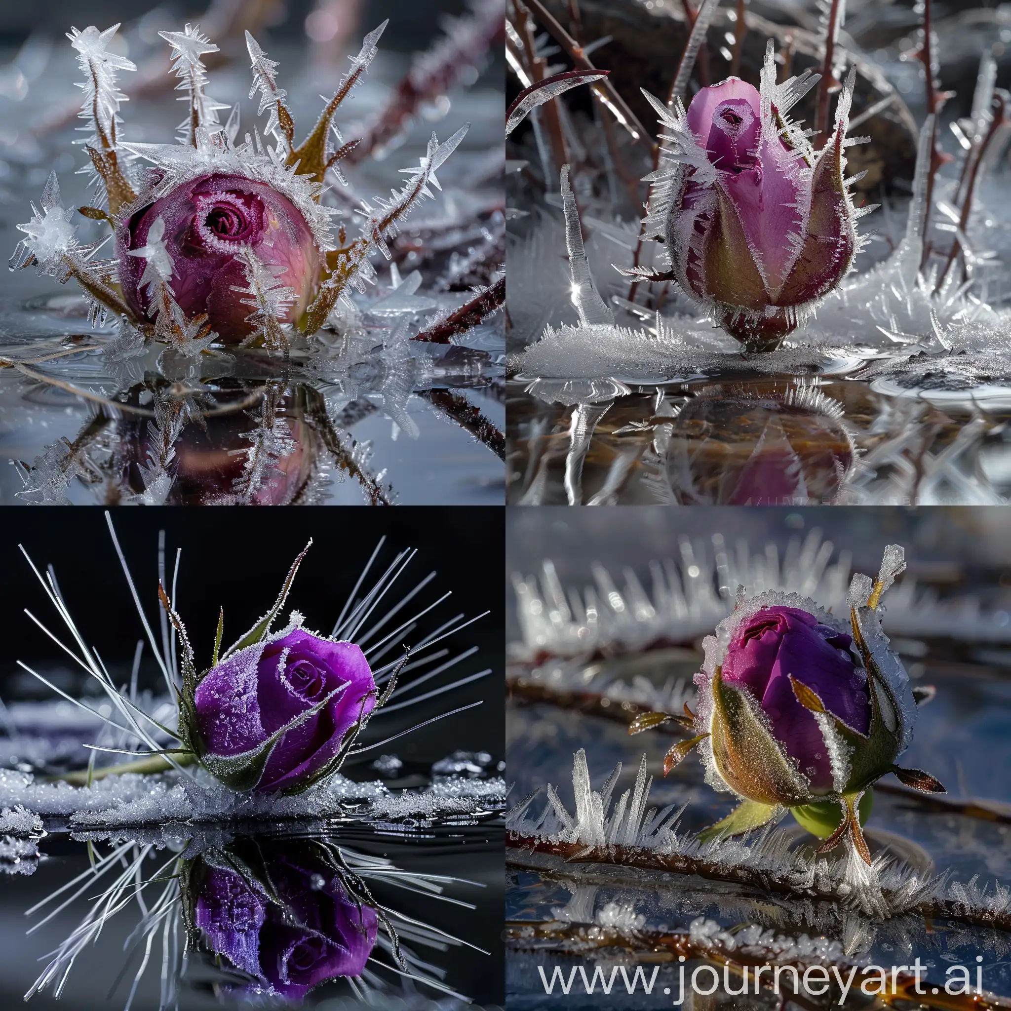 Макро ,красивый фиолетовый бутон розы весь в длинных острых фрактальных кристаллах льда, отражается в талой воде  ,потаевший снег,профессиональное фото много мелких деталей,высокое качество, 4k, высокая детализация