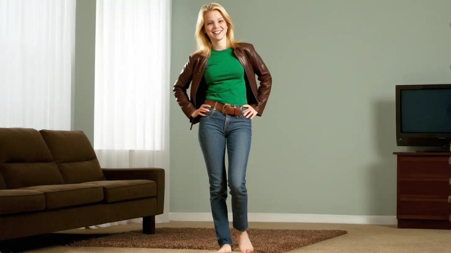 Smiling Barefoot Woman in Stylish Leather Jacket and Jeans in Cozy Living Room