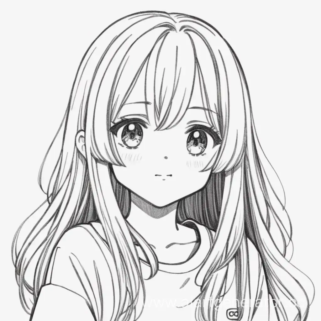 2D anime girl drawing with a pencil, cute face, long hair, looking straight, simple