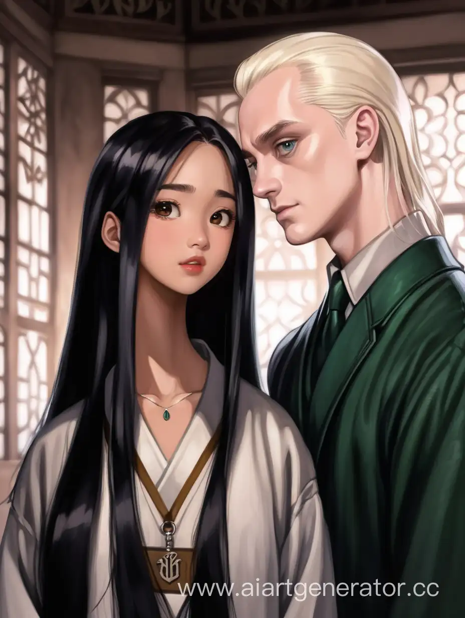 Draco Malfoy with an Asian girl with long black hair and brown eyes
