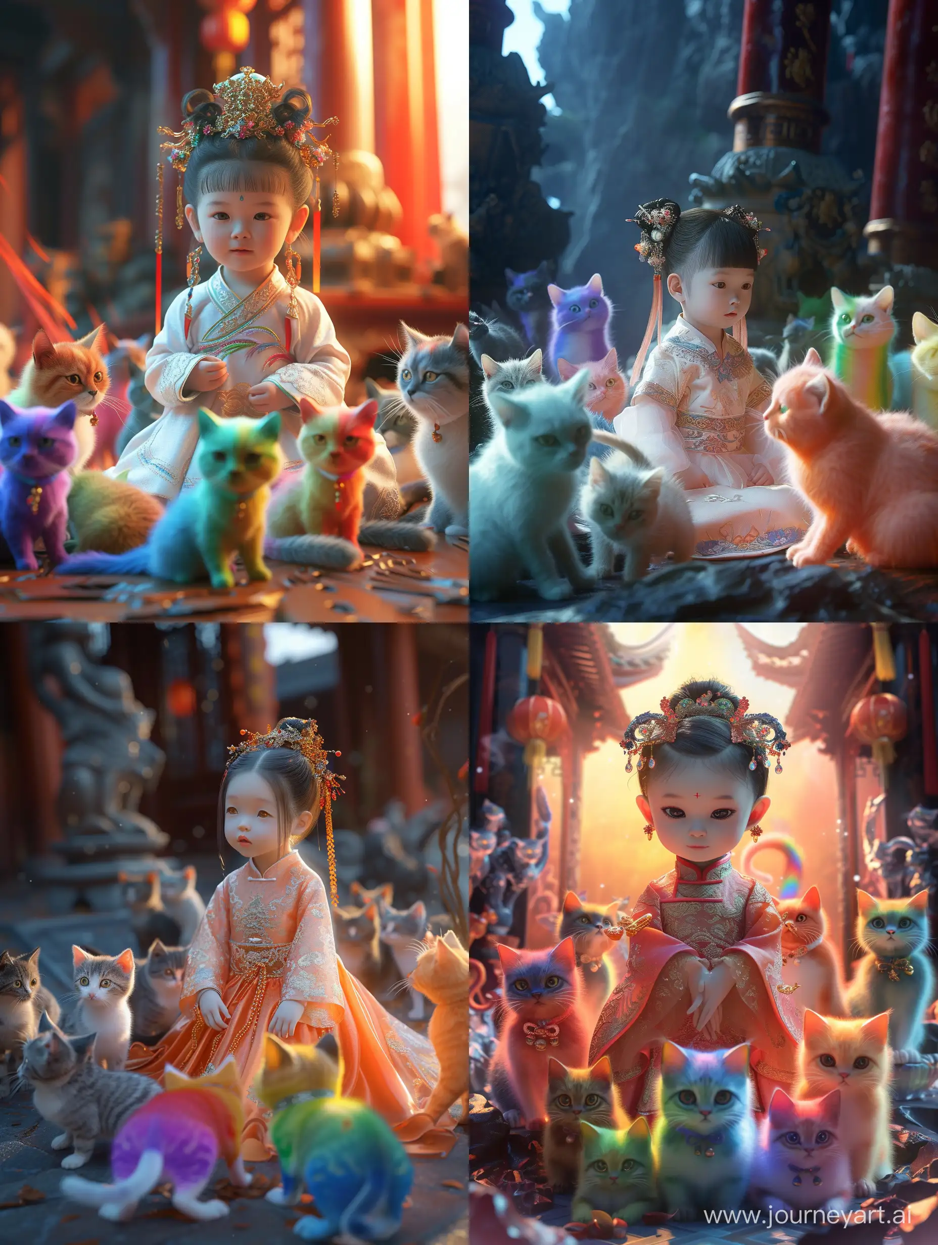 A stunning masterpiece capturing the essence of beauty and innocence. A 1-year-old Chinese girl, adorned in an exquisite traditional Hanfu, is surrounded by rainbow-colored cats in a majestic setting. The scene is artistically rendered using C4D rendering and surrealistic elements, creating a visually stunning composition. The lighting, reminiscent of cinematic brilliance, enhances every detail, providing an 8K HDR best quality experience. This extraordinary artwork combines the simplicity of minimalism with the richness of hyper-realistic scenery. 