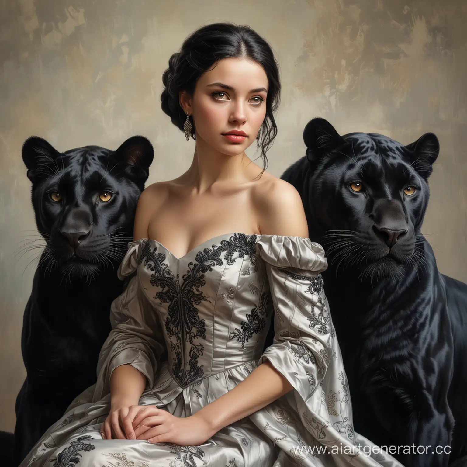 Молодая девушка русской национальности с черными волосами  до плеч в изящном платье и справа от неё сидит большая черная пантера. Реализм