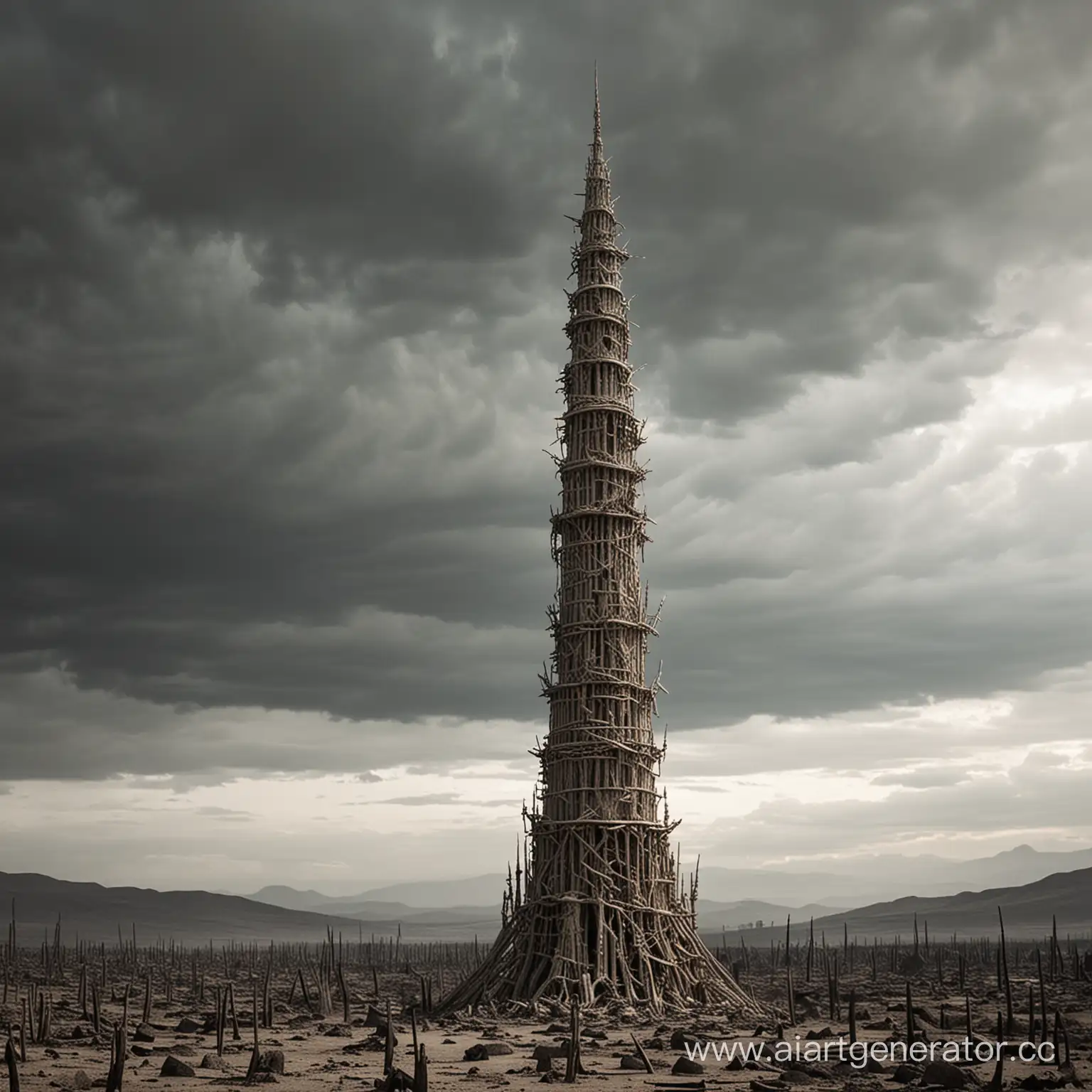 Высокая башня, сделанная из кости, на фоне пепельное небо