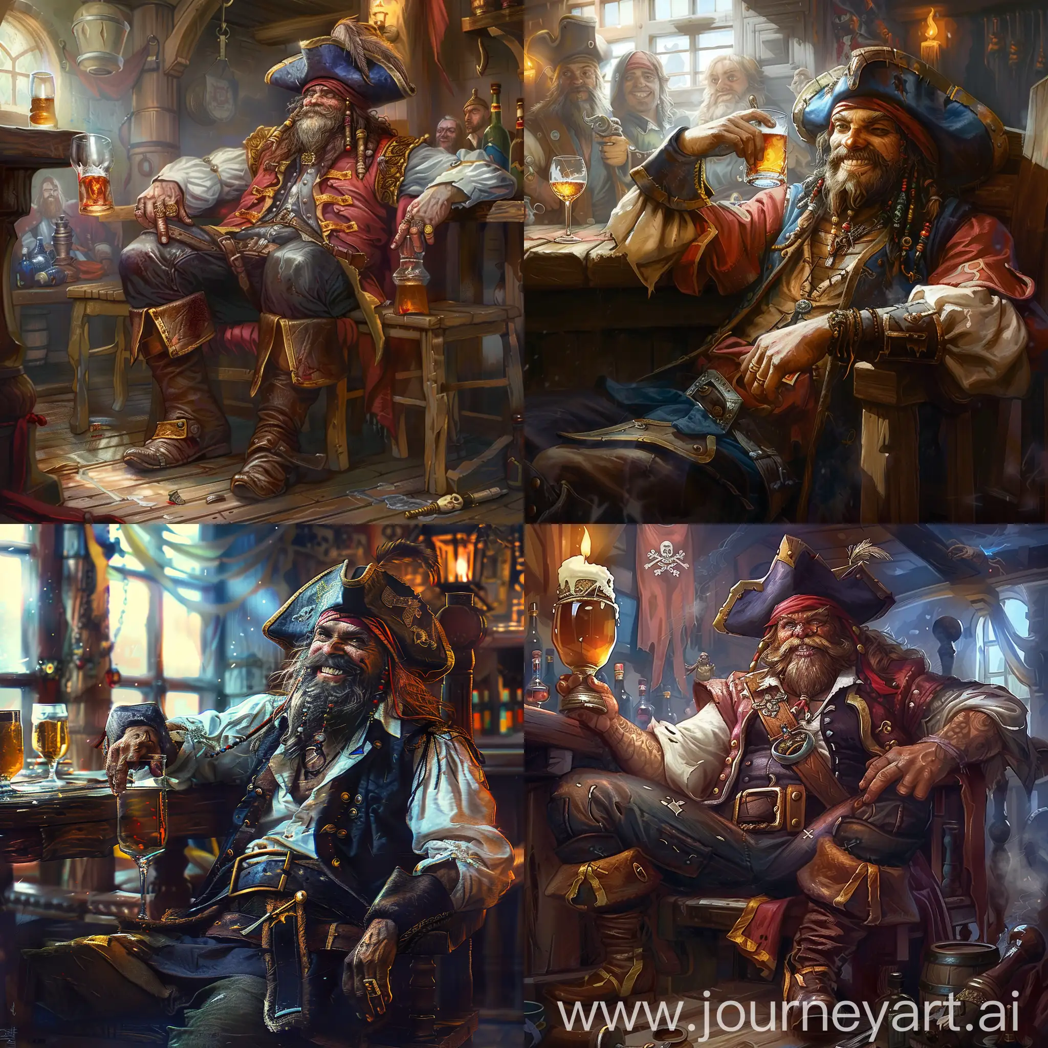 drunk and cheerful pirate sits in a tavern, fantasy style
