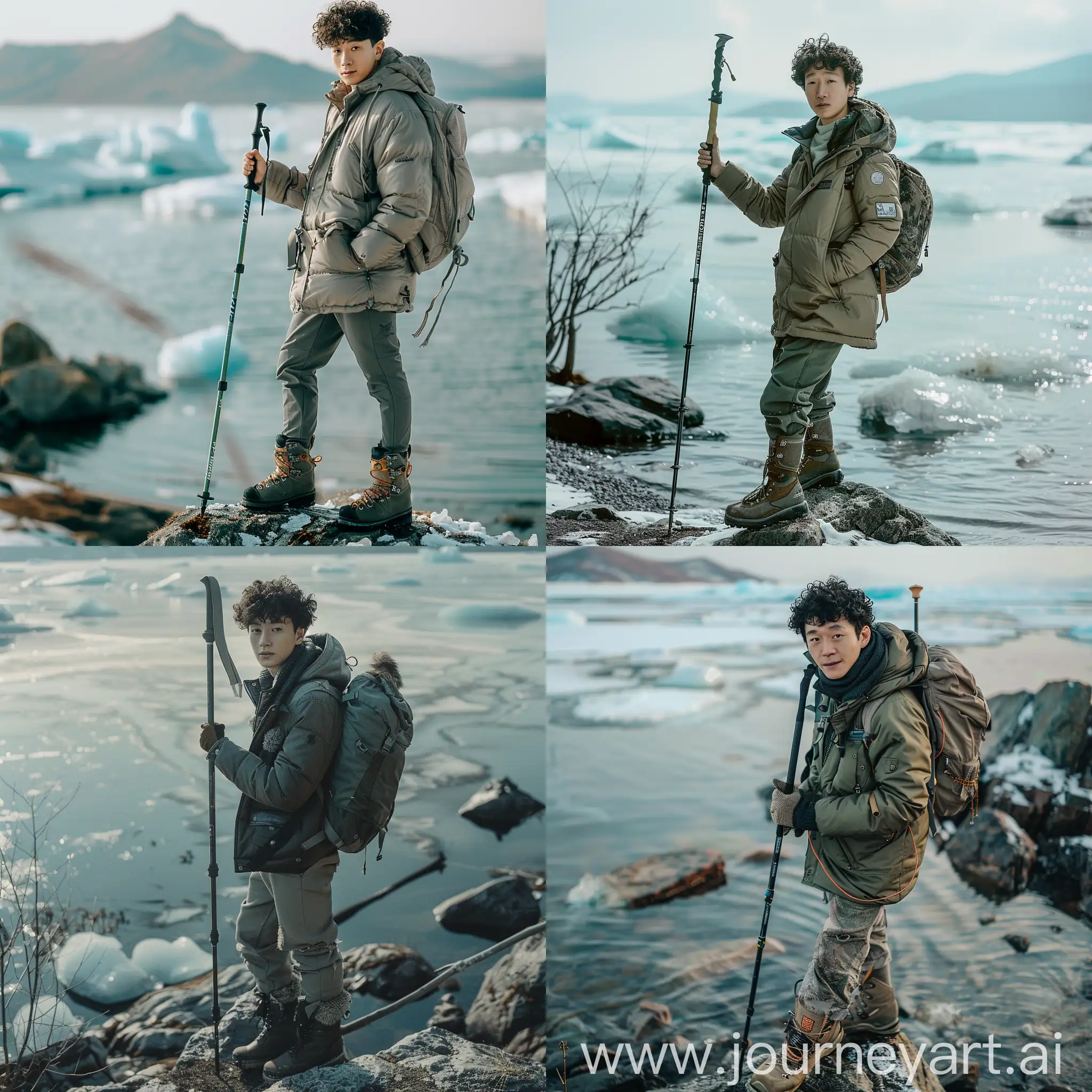 high angle camera, wide shoot photography, a Korean man with short curly hair, wearing a jacket and boots, standing while holding a trekking pole on a rock, standing on a lake, an ice lake in the Siberian region known as "Lake Baikal", calm atmosphere, bokeh background with views of icebergs visible in the distance, tampa pose, advertising shoot, looking at the camera