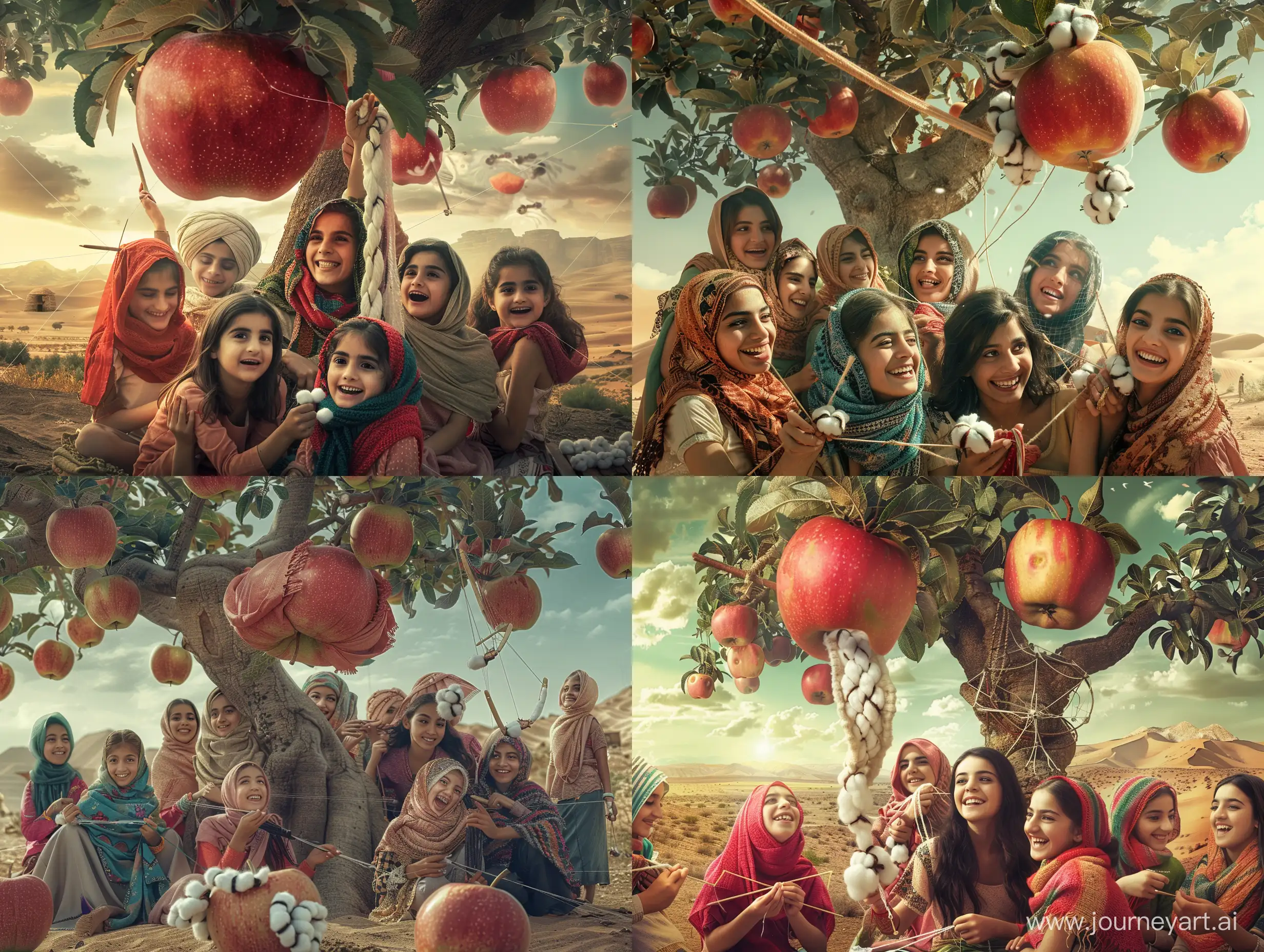 Persian-Women-Knitting-Scarves-under-Giant-Apple-Tree-in-Ancient-Civilization