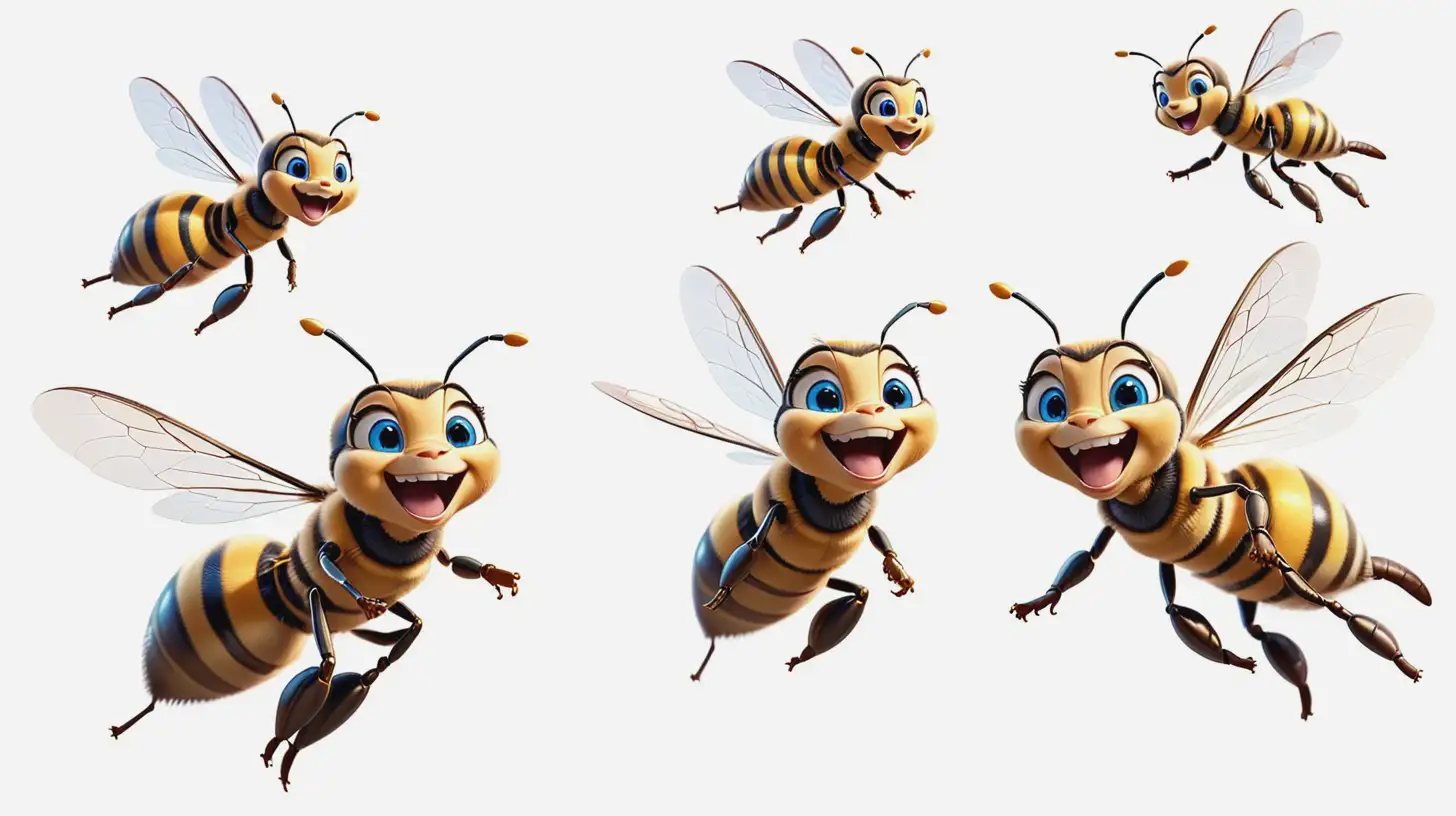 从正面到侧面到转身飞行的序列帧的飞翔的蜜蜂，金色的翅膀，大大的嘴巴在微笑。蓝色的眼眸，手里拿权证，正面飞行。侧面转身飞翔，背对着画面的飞翔特写，白色的背景