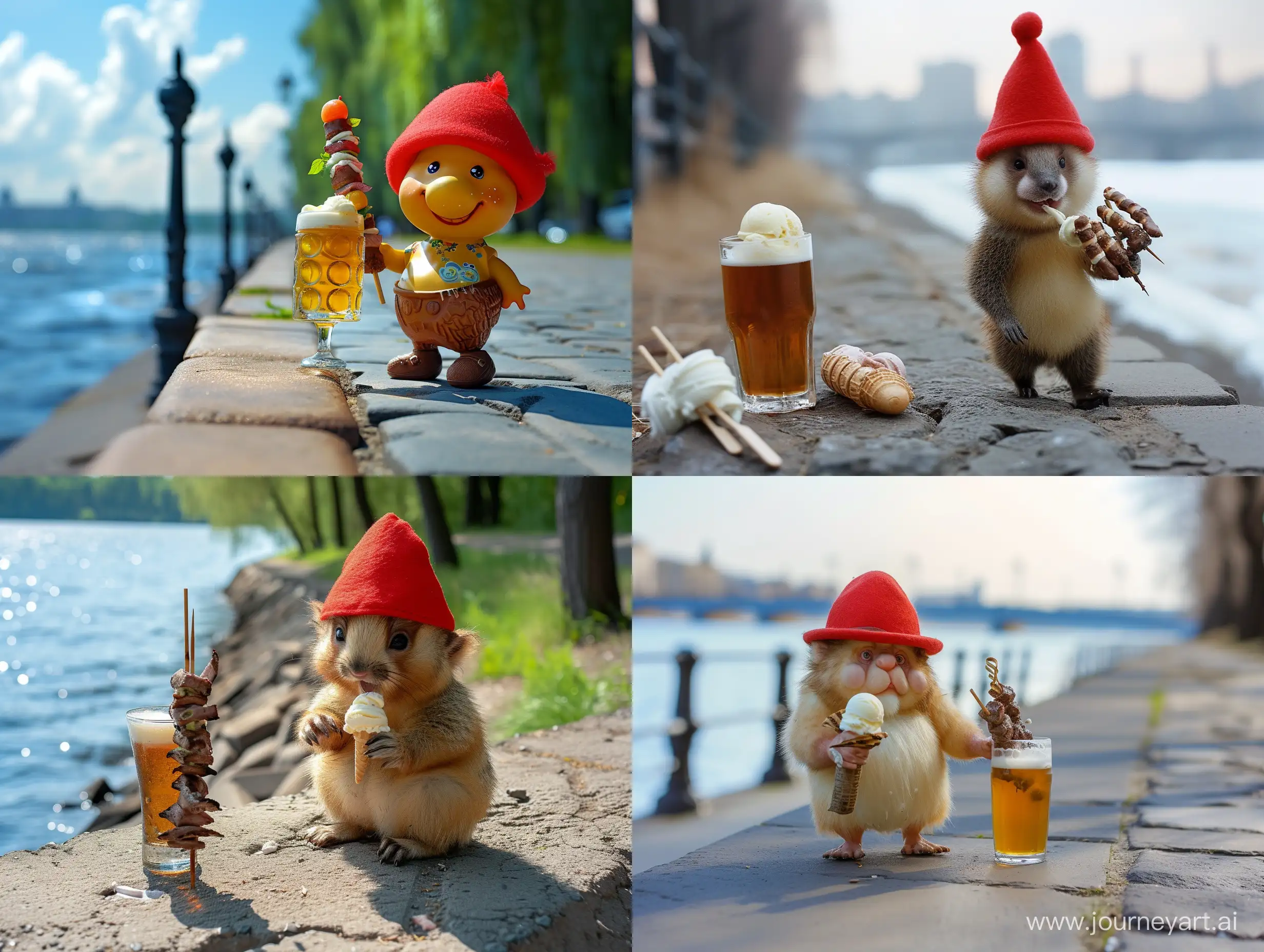 Cheburashka-Strolls-by-the-Embankment-in-a-Red-Hat-Enjoying-Ice-Cream-Shashlik-and-Beer