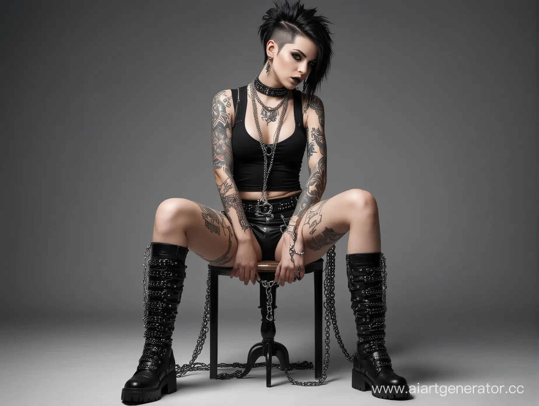 Девушка панк с выбритым виском, с черными волосами, с цепями на ногах в стиле Гот