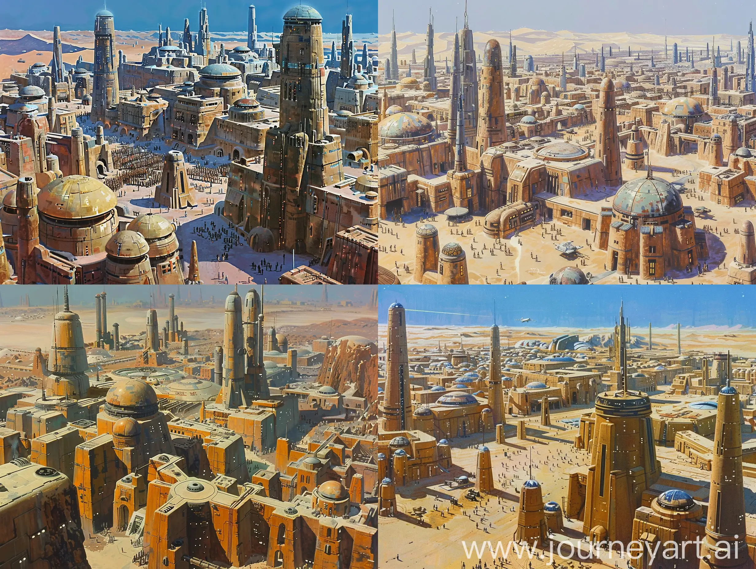 A large desert metropolis on Tatooine painted by a Ralph McQuarrie. A sprawling desert city with high towers and domed buildings. in retro science fiction style. in color. ornate buildings. 