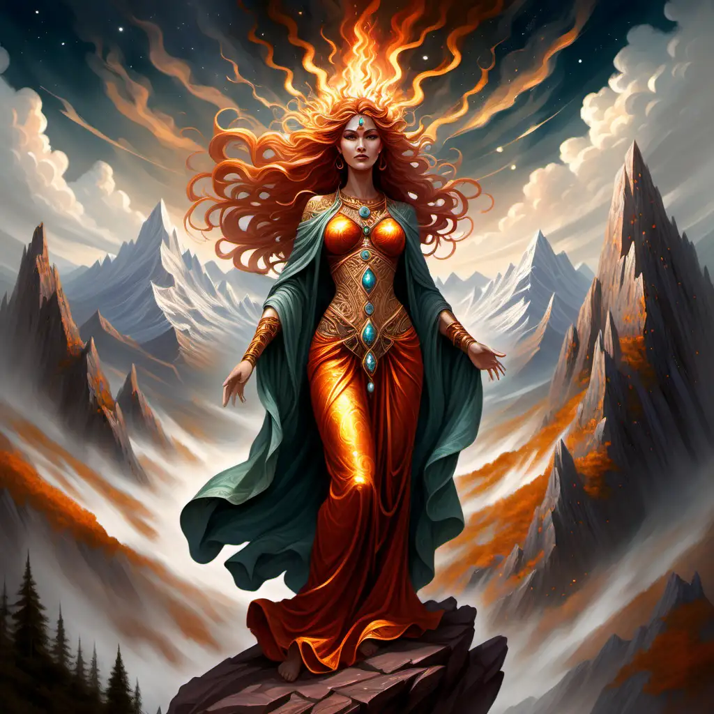 загадочная и величественная фигура женщины, воплощающей образ горной богини. Она стоит на вершине горы, окруженная величественными вершинами и каменными образованиями. Ее волосы распущены и взметнулись вверх, словно завившись вокруг ветра и магии. В ее глазах сияет неуловимый огонь знания и силы, а ее одежда, возможно, украшена драгоценными камнями и медными узорами, отражающими богатство и силу горной местности. За ее спиной может виднеться блеск золотых или медных руд, символизирующих ее власть над недрами земли. Фон может быть заполнен мистическими облаками или звездами, добавляя атмосферы загадочности и магии к обложке