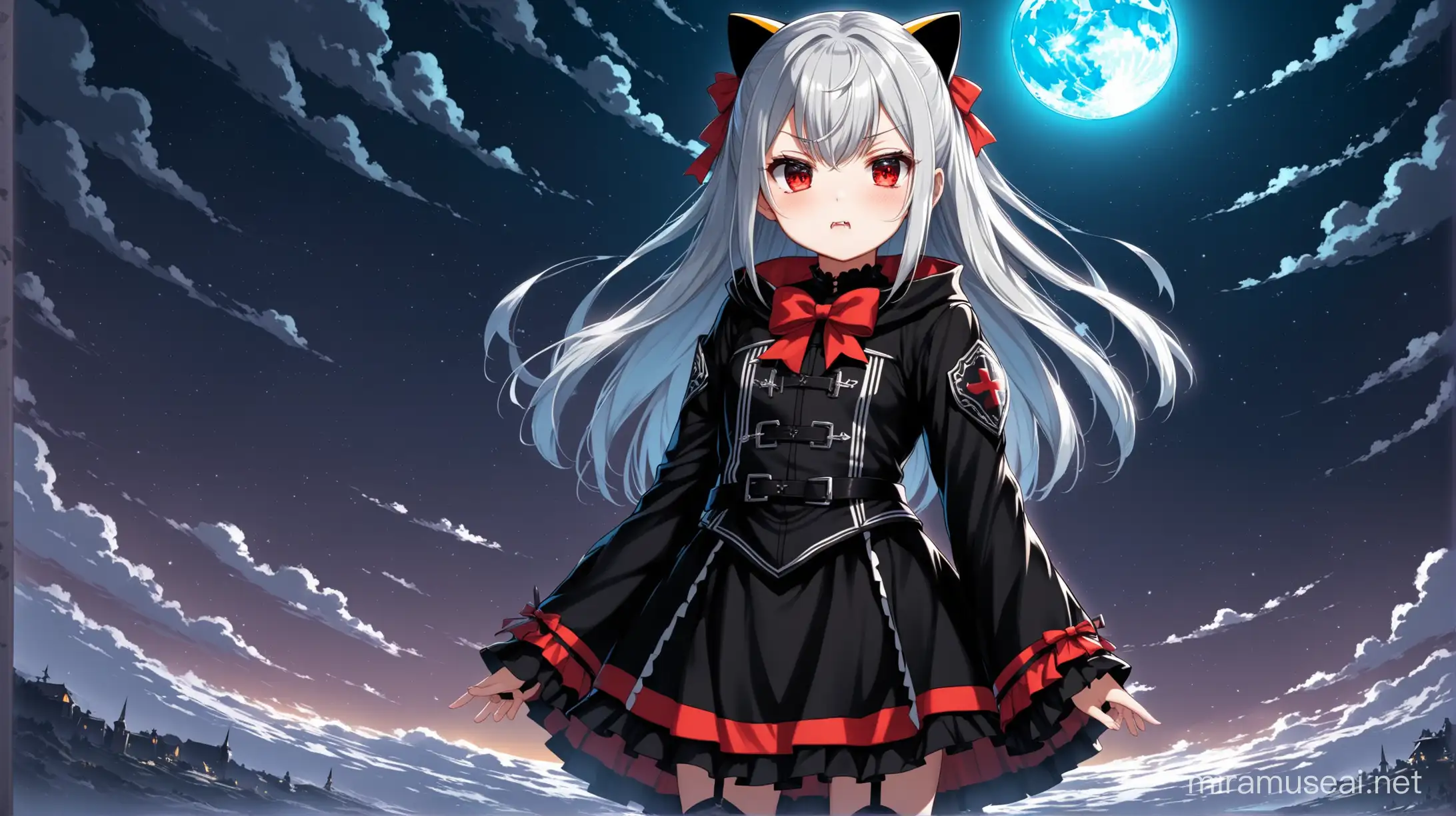 Aesthetic ((1girl)), ((Kei Shirogane/Kaguya-sama: Love is War)), a young and cute vampire girl, long silver hair and vampire fangs and red eyes, standing, ((loli)), petite body)), night, Dutch angle, full moon, ((high detail)), ((best quality)), detailed eyes, wearing a black outfit with detached sleeves, wide irises, ((stoic and cold expression)), ((unsmiling)), standing, full body, moonlight, two side up hairstyle, ((looking at viewer)), ((closed mouth))