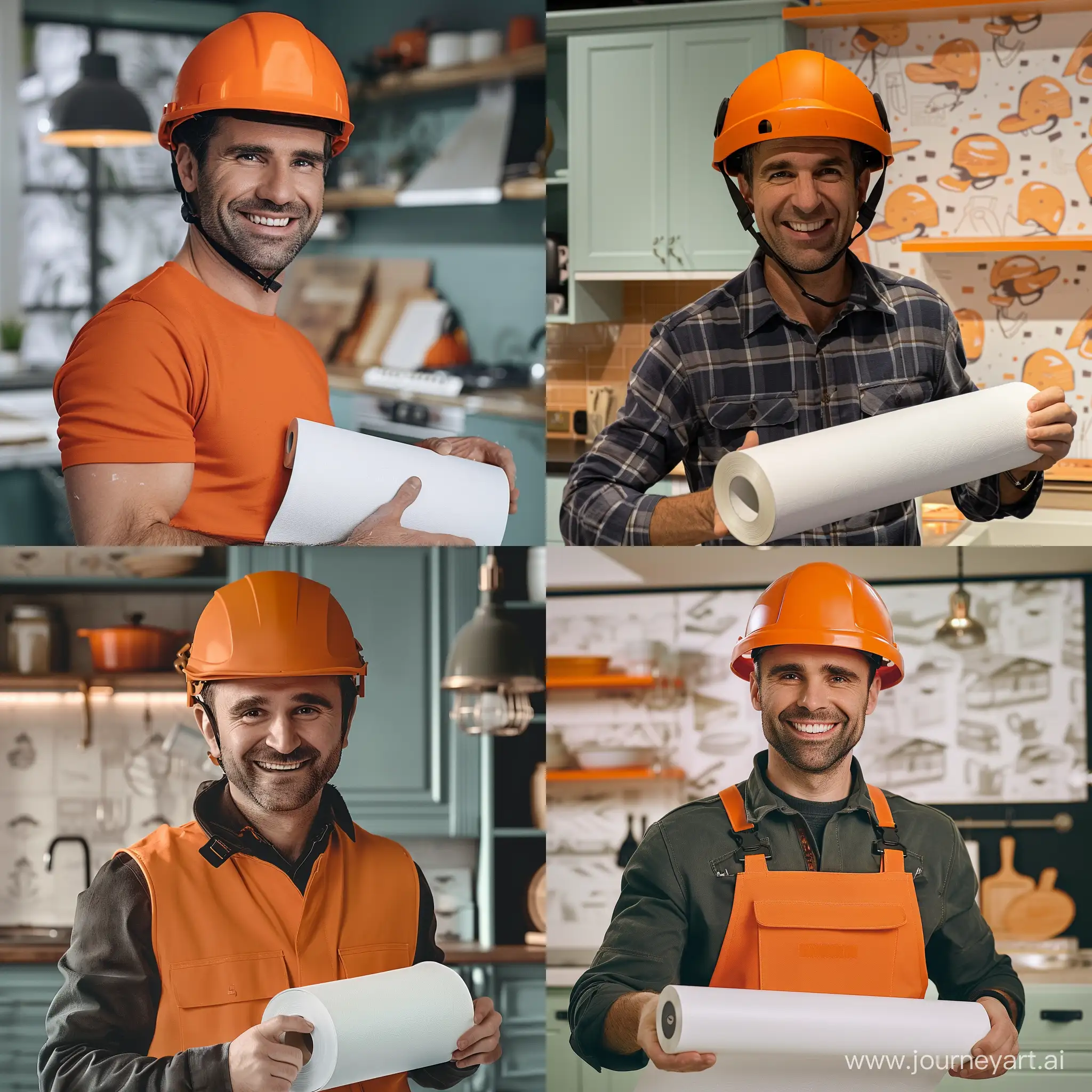 Cheerful-Man-Holding-White-Wallpaper-in-Orange-Helmet-in-Kitchen-Set