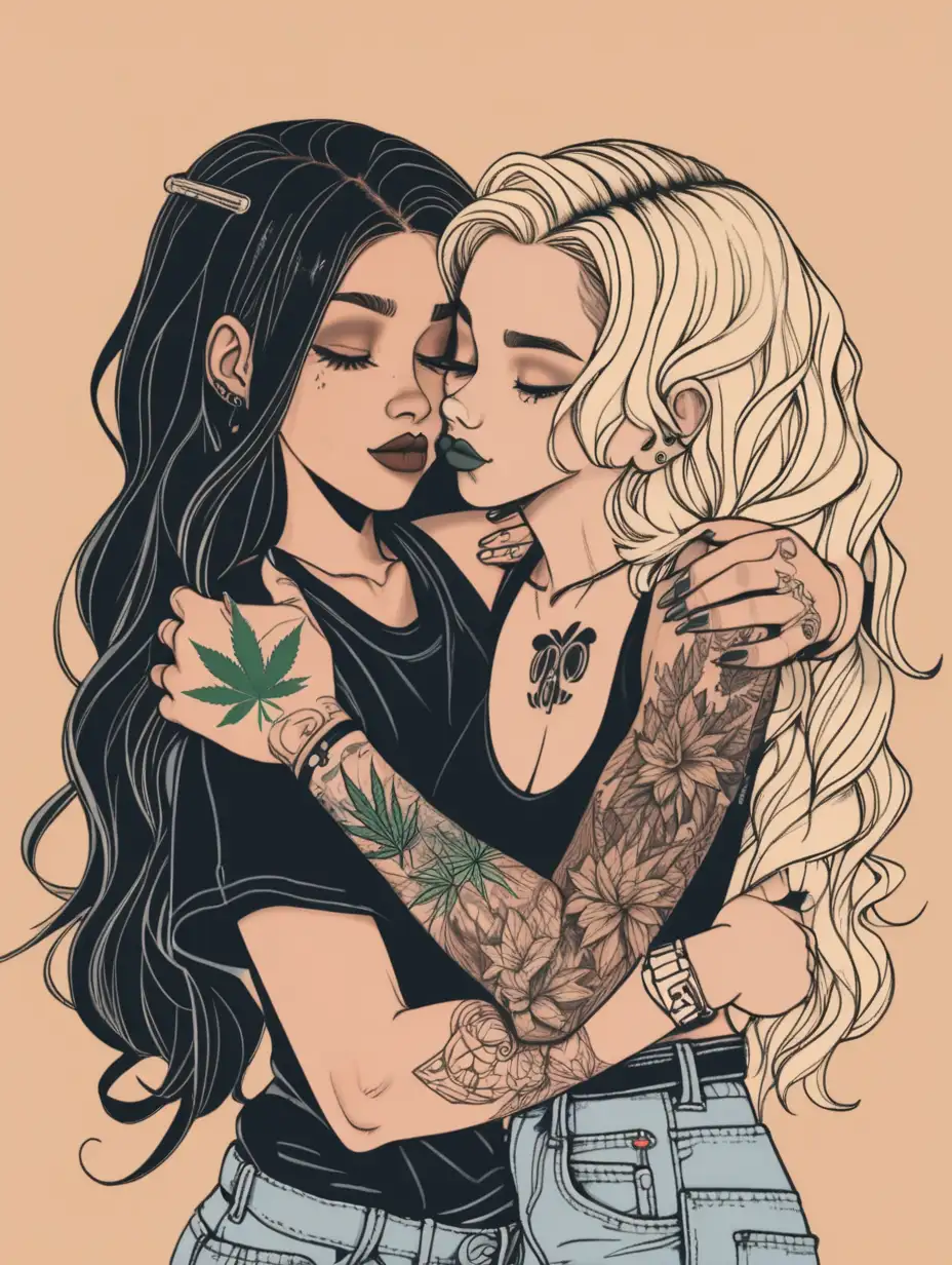 funky girl with blonde wavy hair with tattoos hugging another girl with dark hair with weed 

