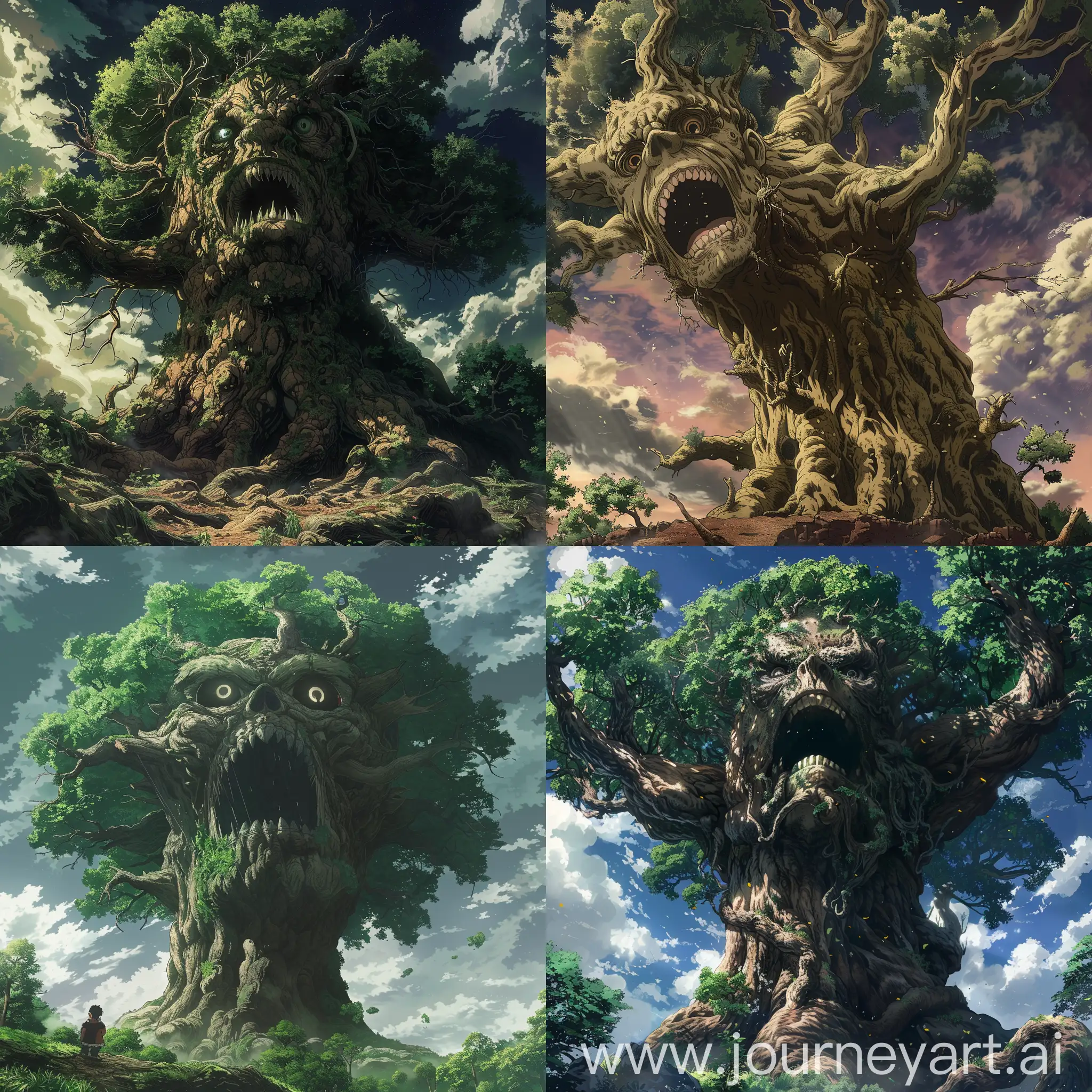 An anime style terrifying, powerful and giant monster tree, from a fantasy tale.